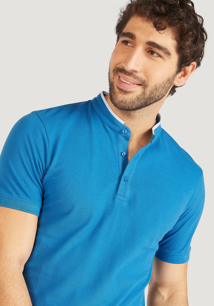 Solid Mandarin Neck Polo T-shirt with Short Sleeves and Button Closure-Polos-image-4