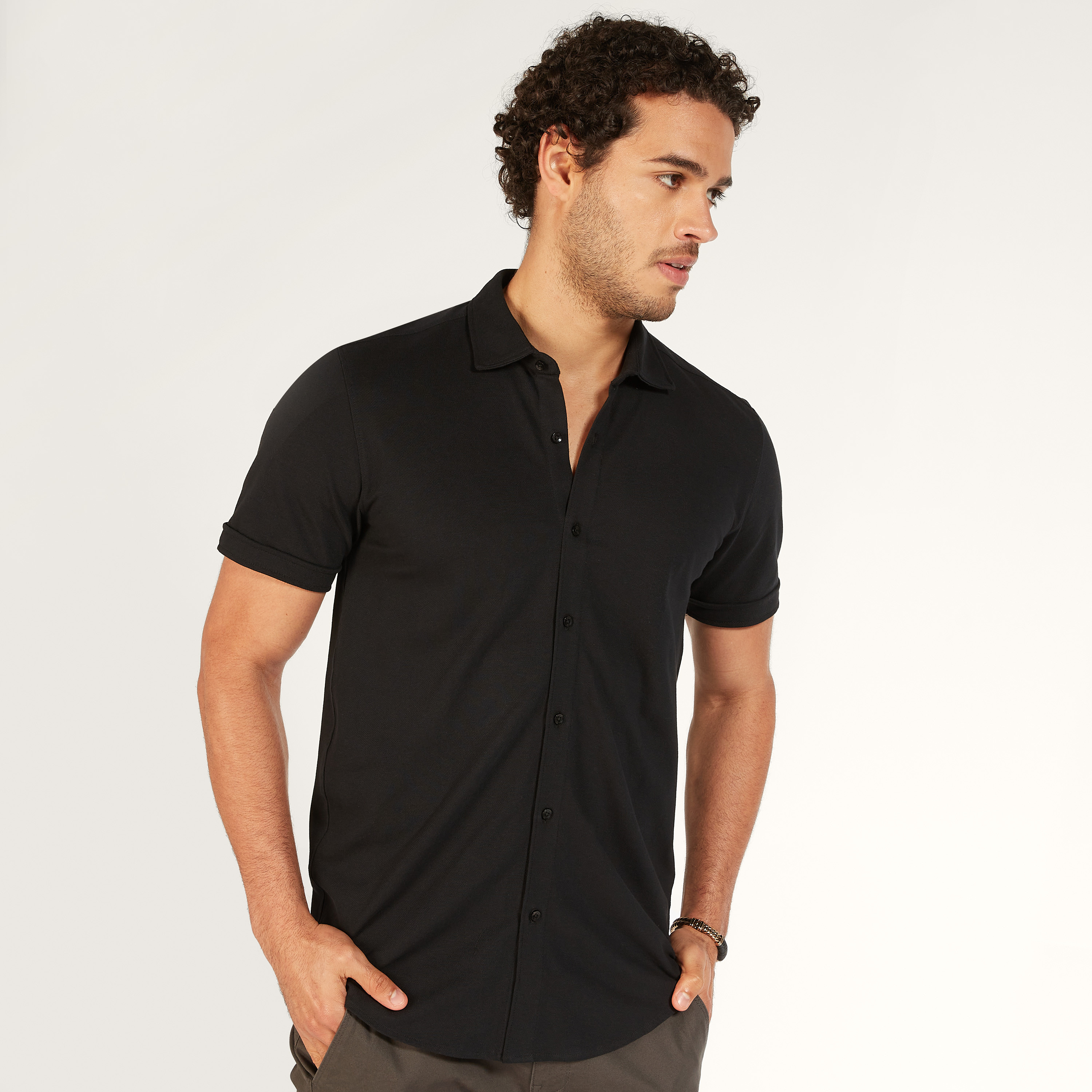 Solid Shirt with Short Sleeves and Button Closure-men-clothing-shirts-image-42