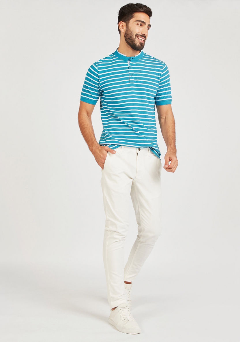 Striped T-shirt with Short Sleeves and Mandarin Neck-T Shirts-image-1