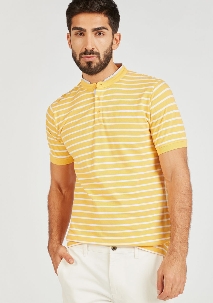 Striped T-shirt with Short Sleeves and Mandarin Neck-T Shirts-image-0