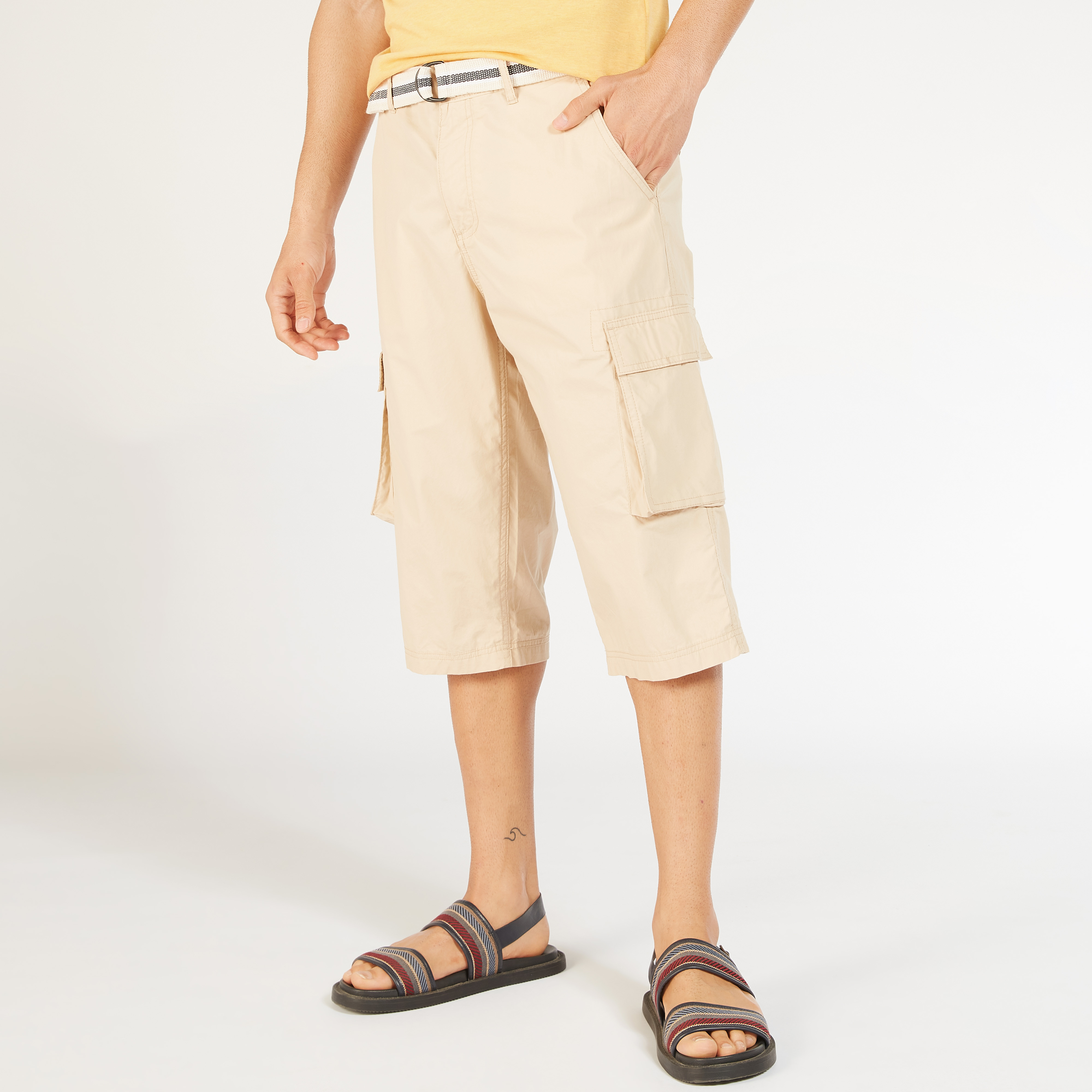 Solid Mid-Rise Cargo Shorts with Belt and Pockets-men-clothing-bottoms-shorts-image-1