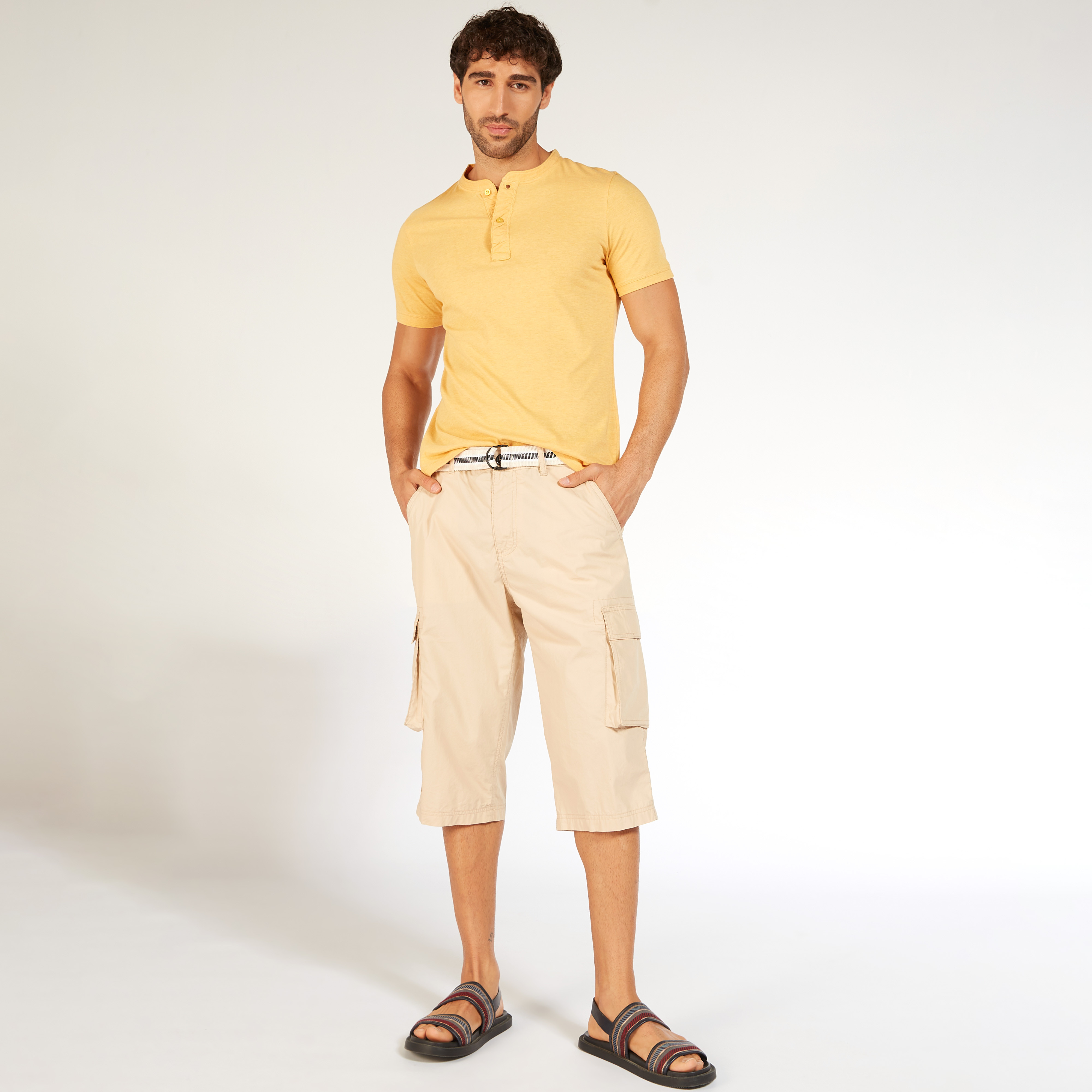 Solid Mid-Rise Cargo Shorts with Belt and Pockets-men-clothing-bottoms-shorts-image-2