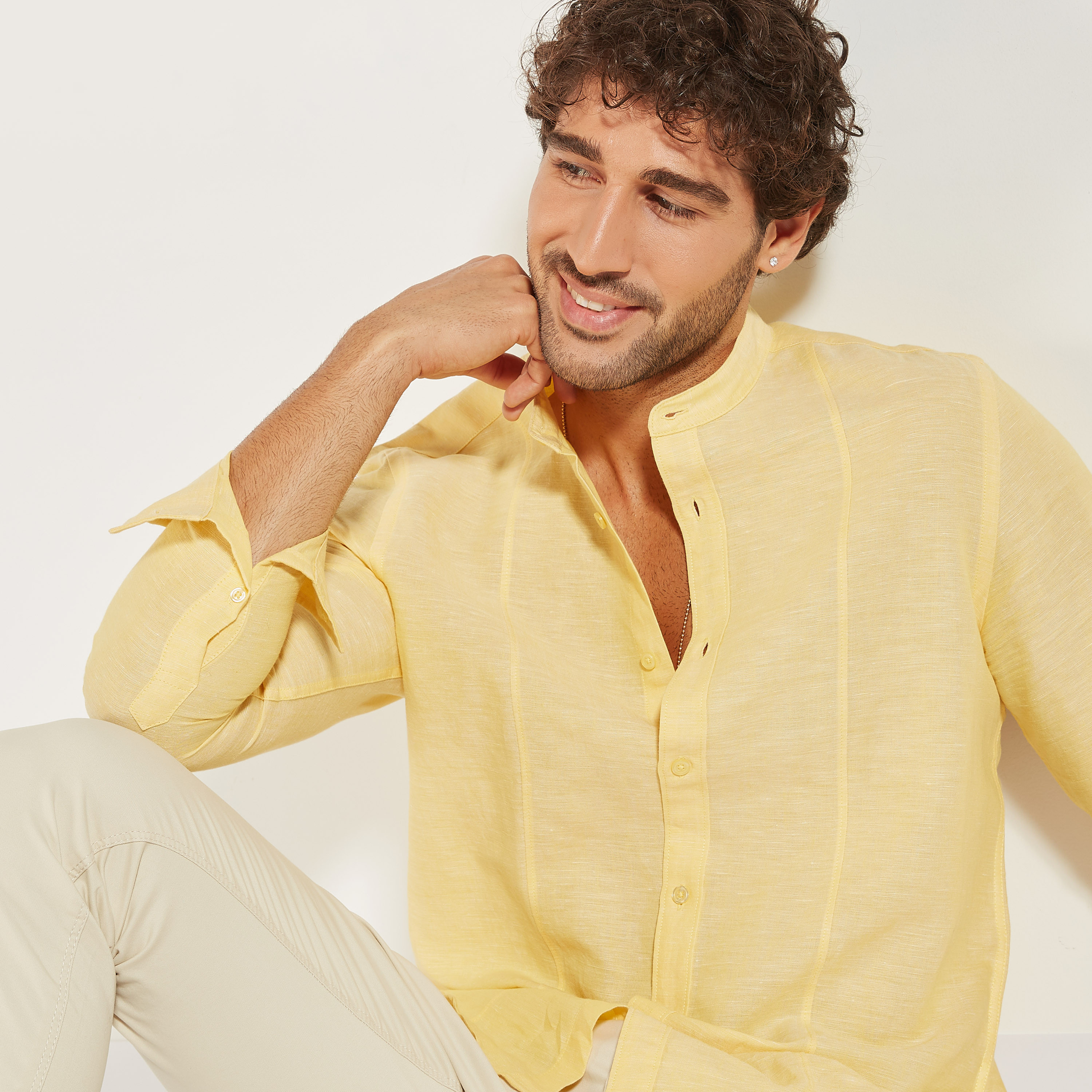 قميص سادة بياقة ماندارين وأكمام طويلة-men-clothing-shirts-image-4