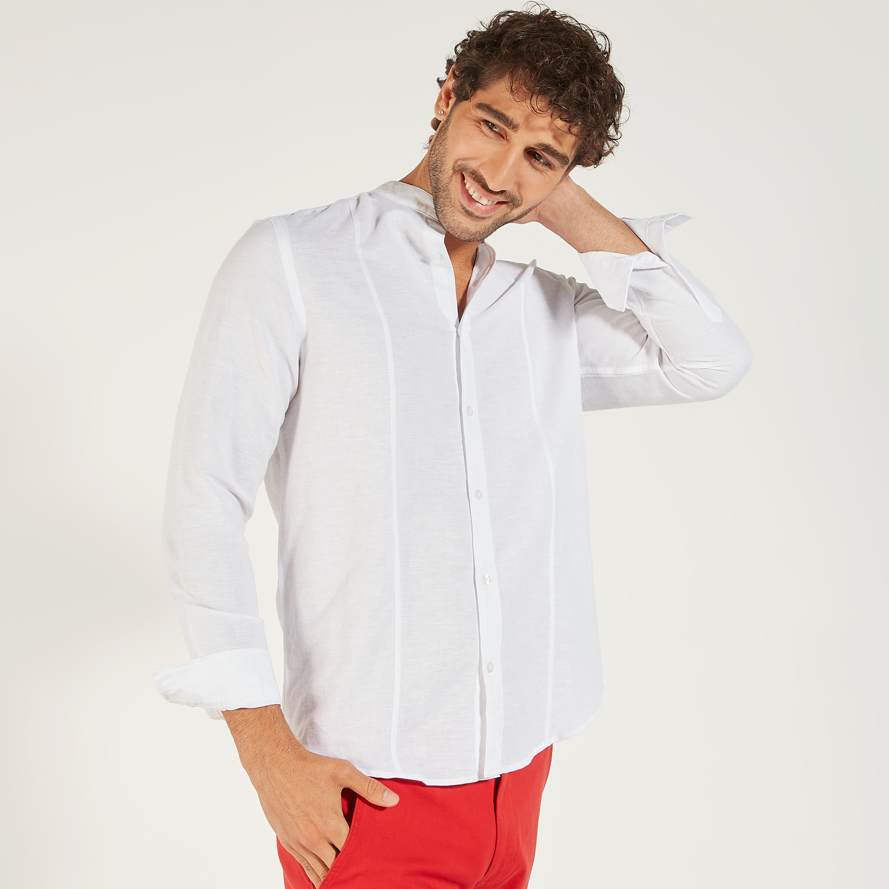 قميص سادة بياقة ماندارين وأكمام طويلة-men-clothing-shirts-image-6