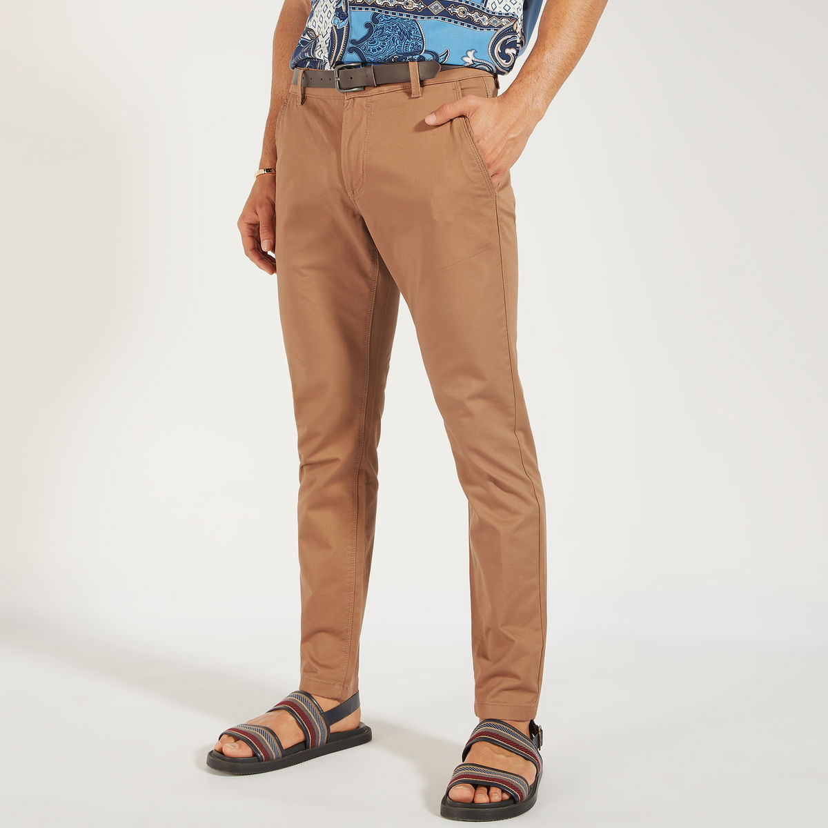Buy Solid Slim Fit Chinos with Belt and Pockets | Splash UAE