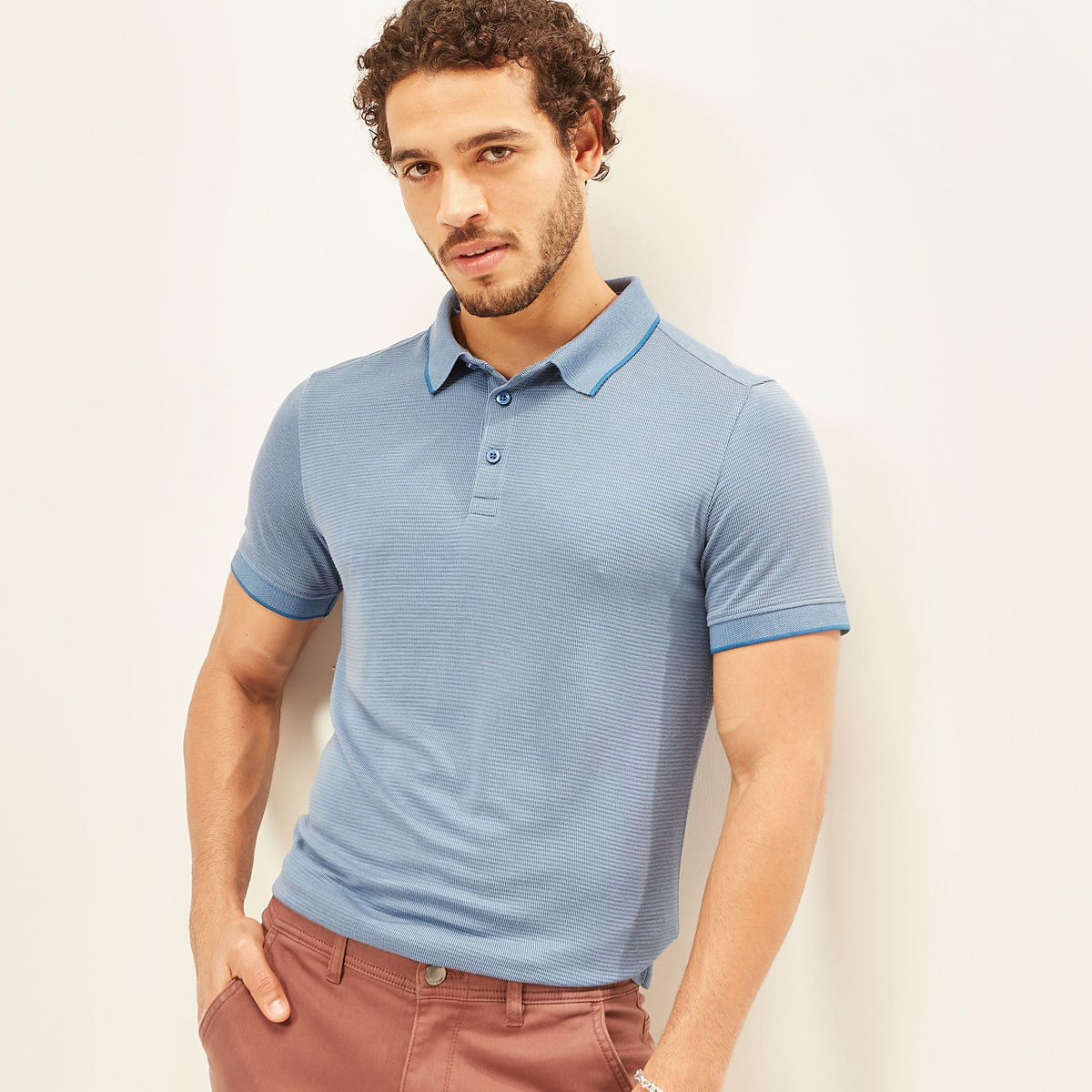 Shop Textured Polo T-shirt with Short Sleeves Online | Centrepoint Oman