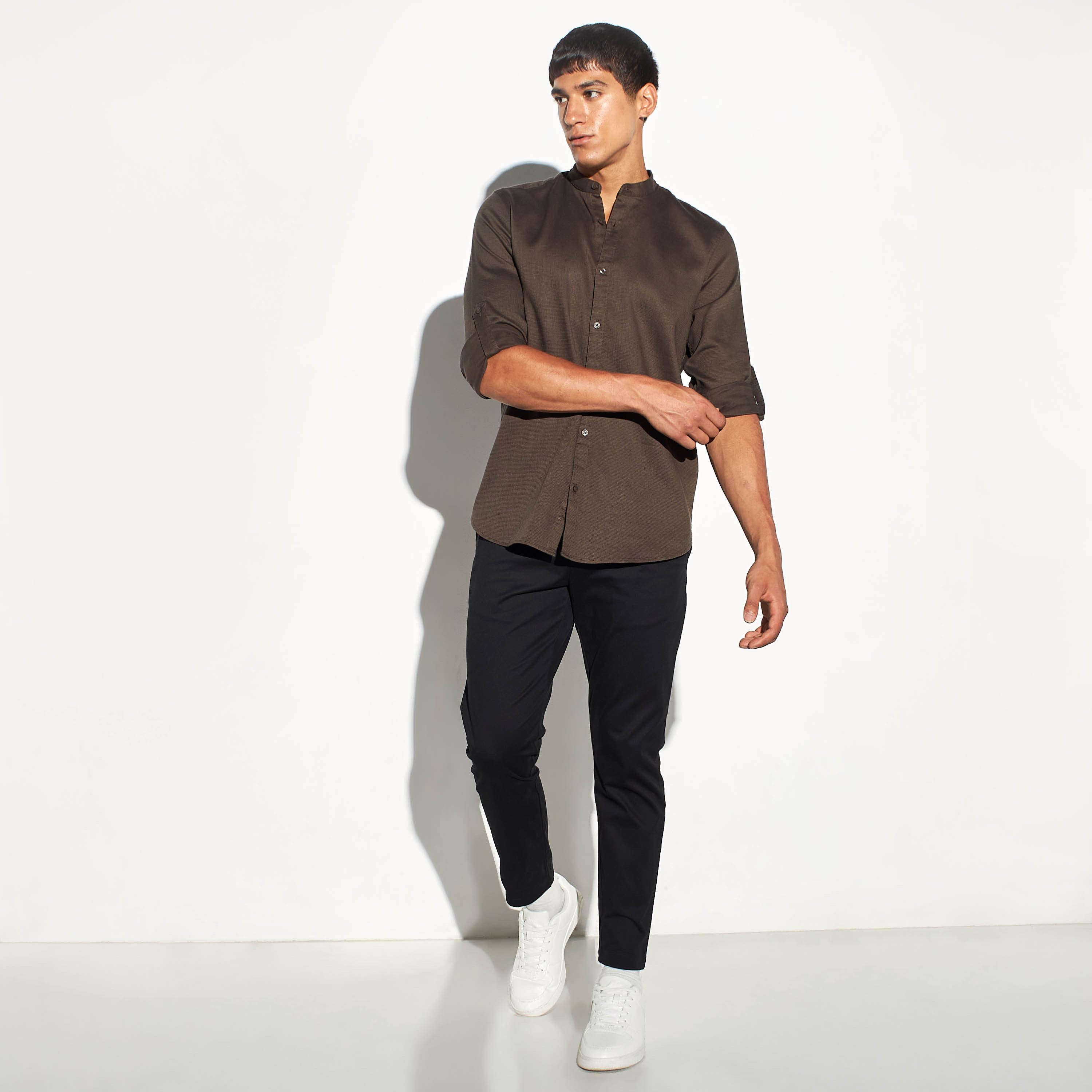 Textured Mandarin Collar Shirt with Roll-Up Sleeves-men-clothing-shirts-image-2