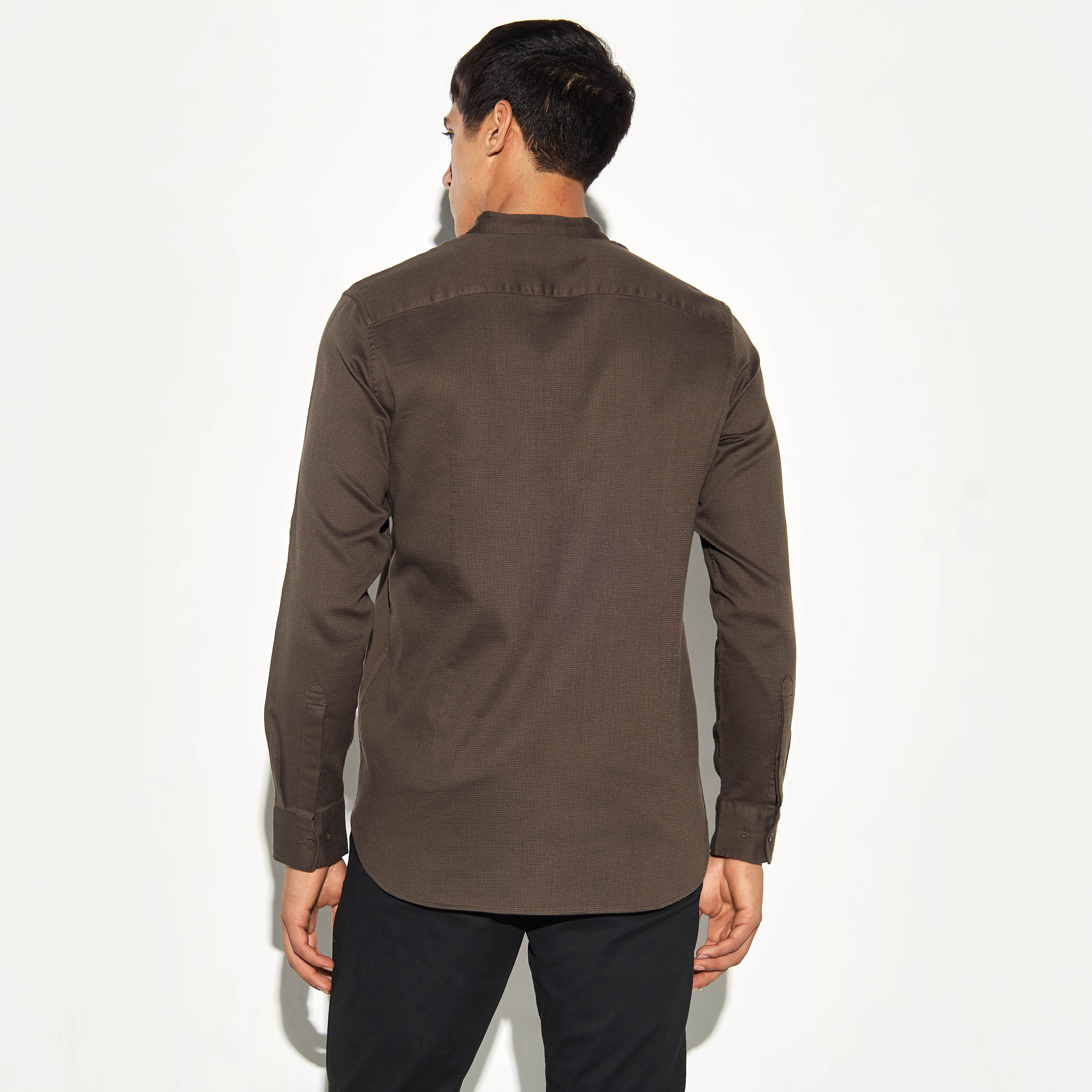 Textured Mandarin Collar Shirt with Roll-Up Sleeves-men-clothing-shirts-image-3