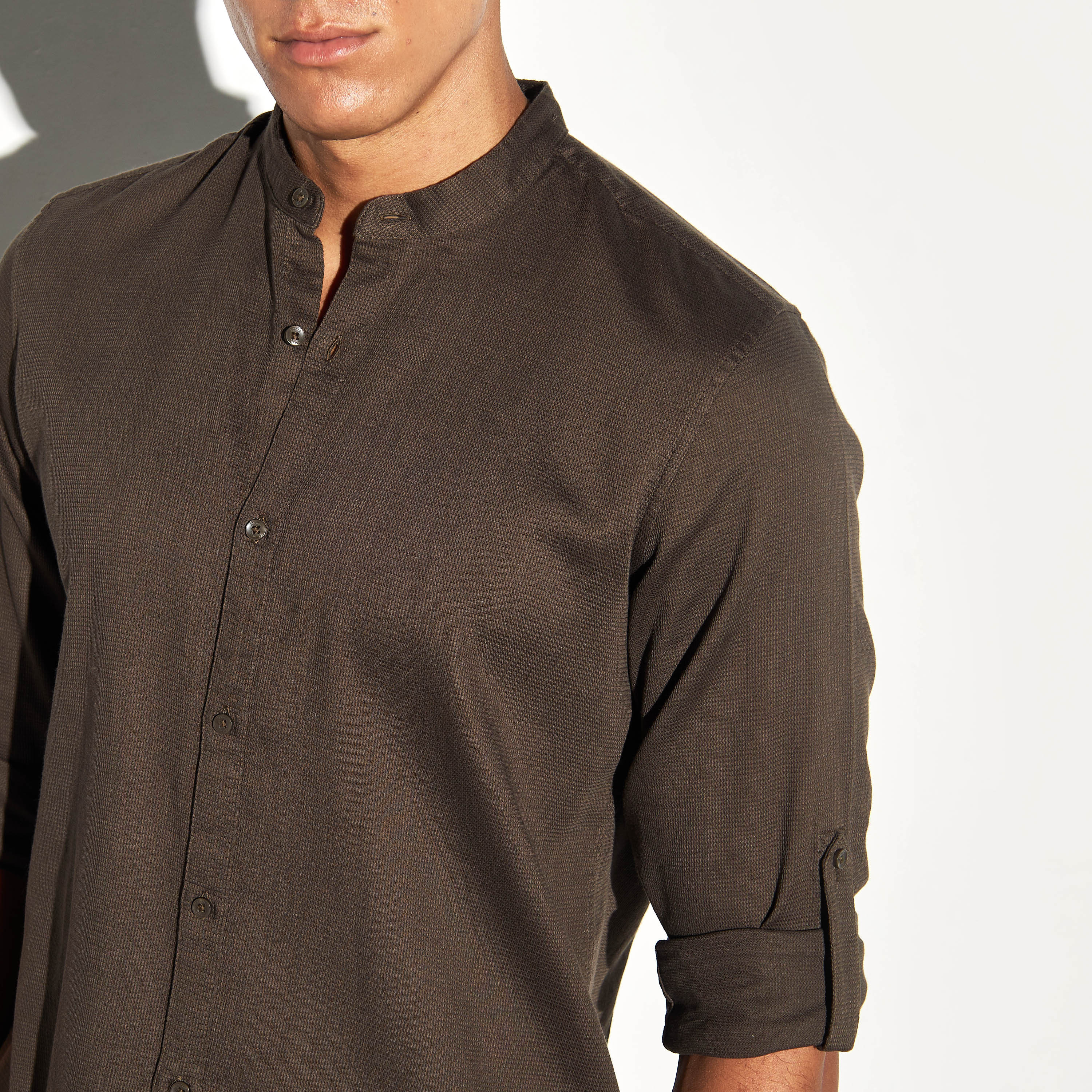 Textured Mandarin Collar Shirt with Roll-Up Sleeves-men-clothing-shirts-image-4