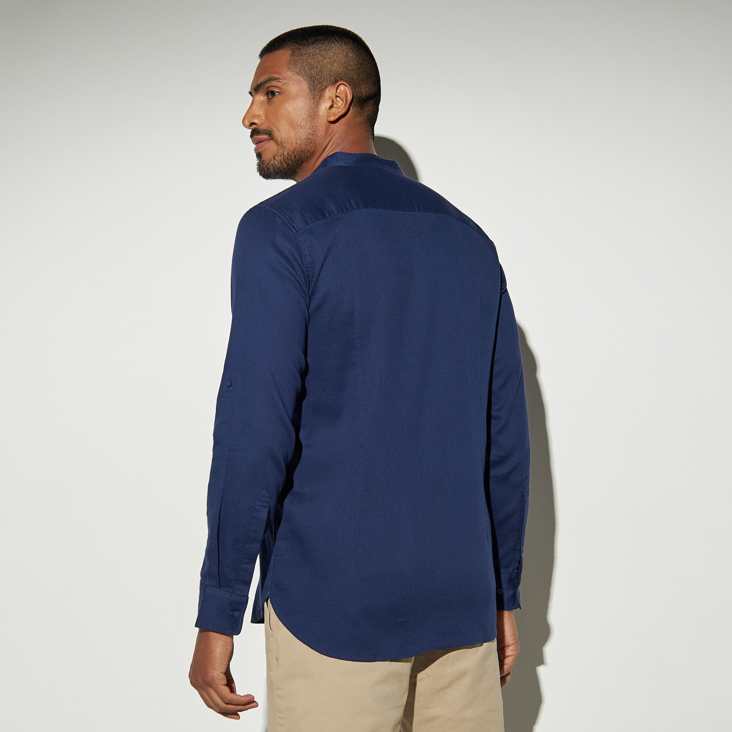 Textured Mandarin Collar Shirt with Roll-Up Sleeves-men-clothing-shirts-image-3