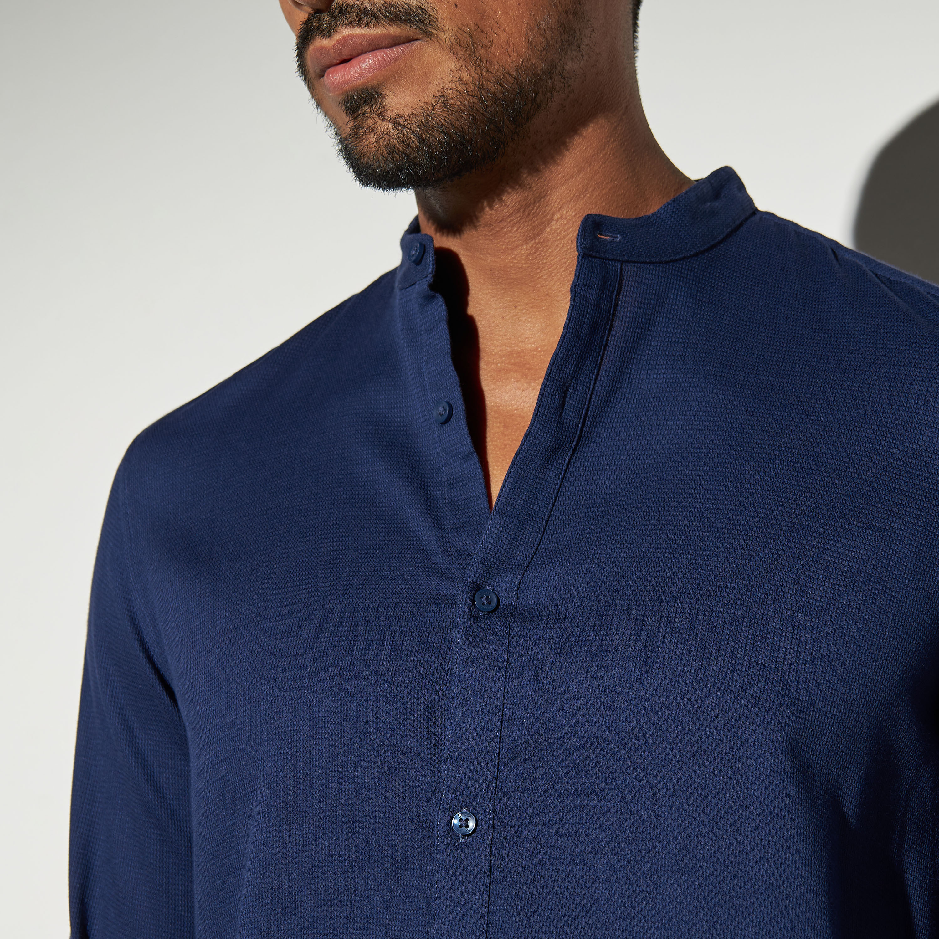 Textured Mandarin Collar Shirt with Roll-Up Sleeves-men-clothing-shirts-image-4