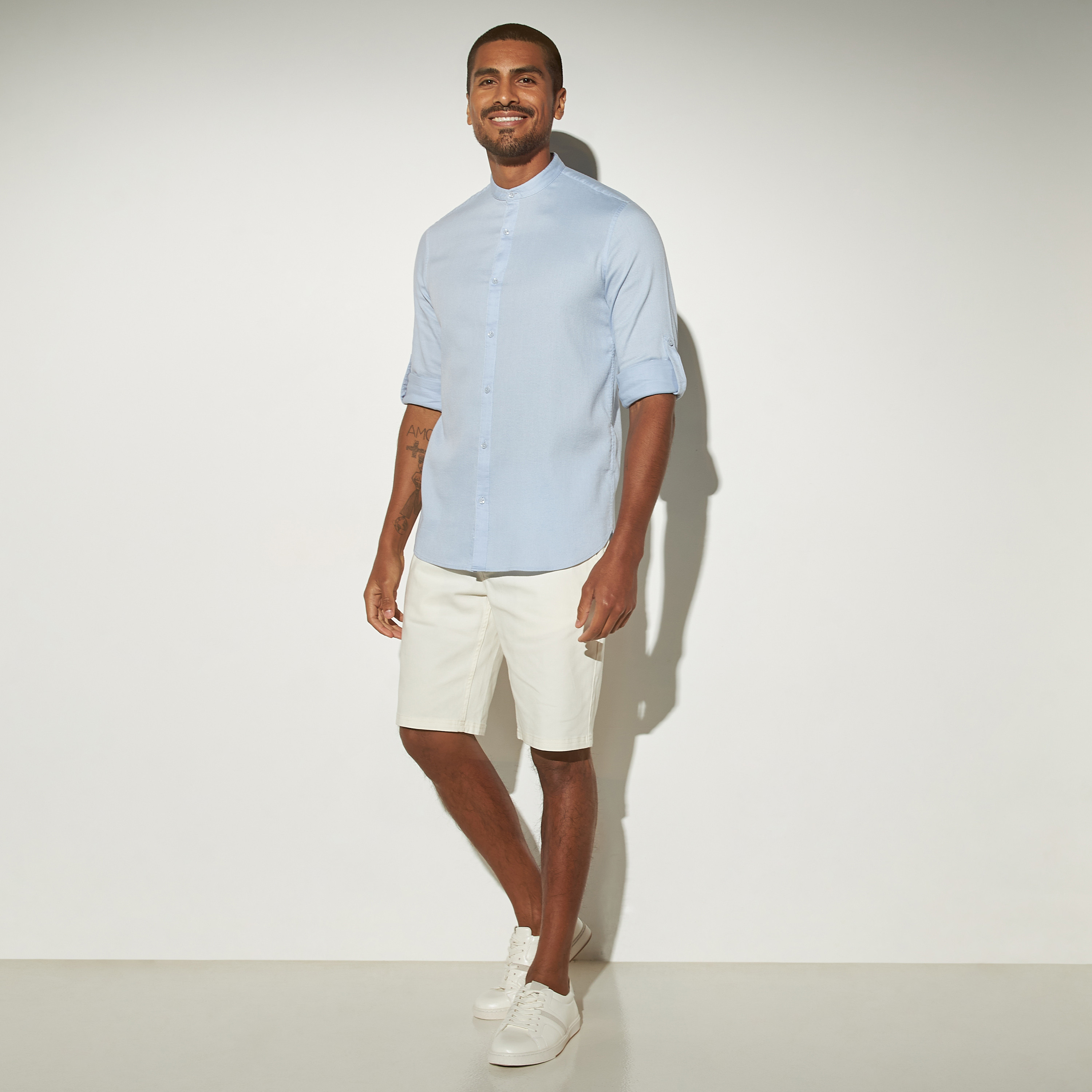 Textured Mandarin Collar Shirt with Roll-Up Sleeves-men-clothing-shirts-image-2