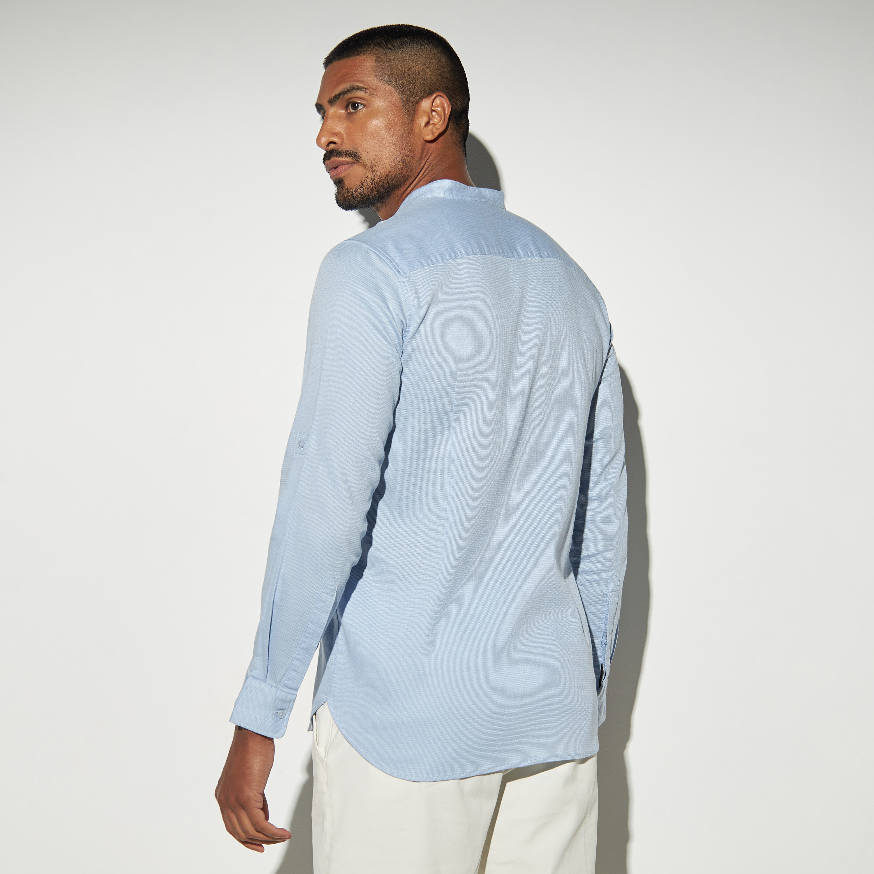 Textured Mandarin Collar Shirt with Roll-Up Sleeves-men-clothing-shirts-image-3