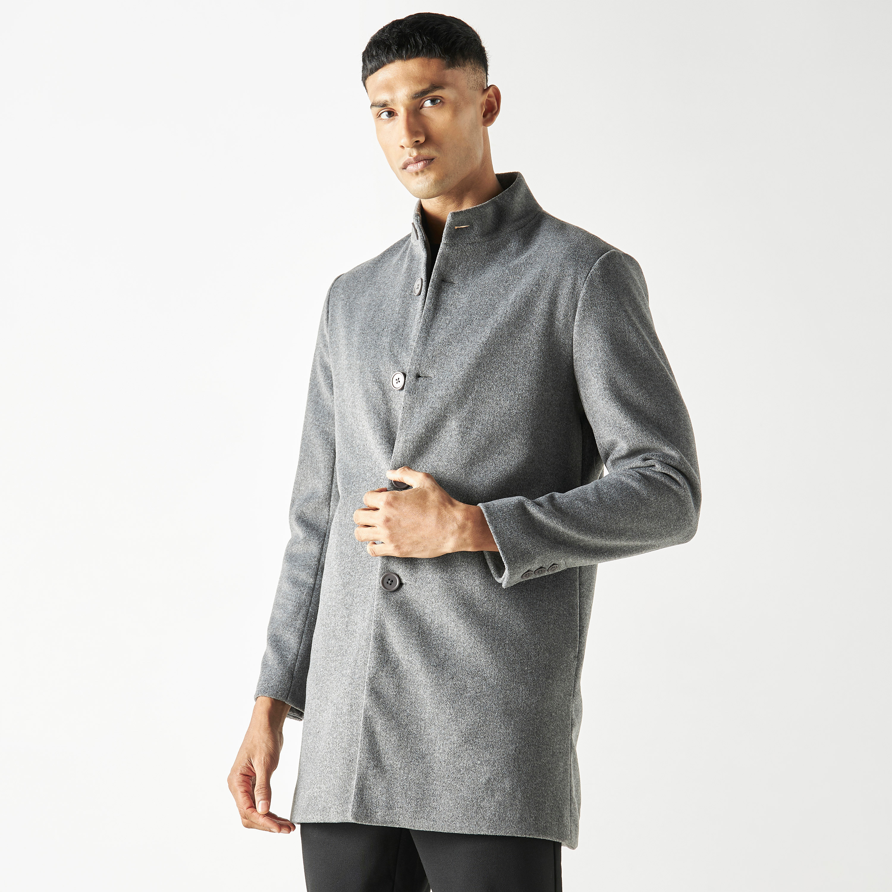 Mandarin collar outlet overcoat