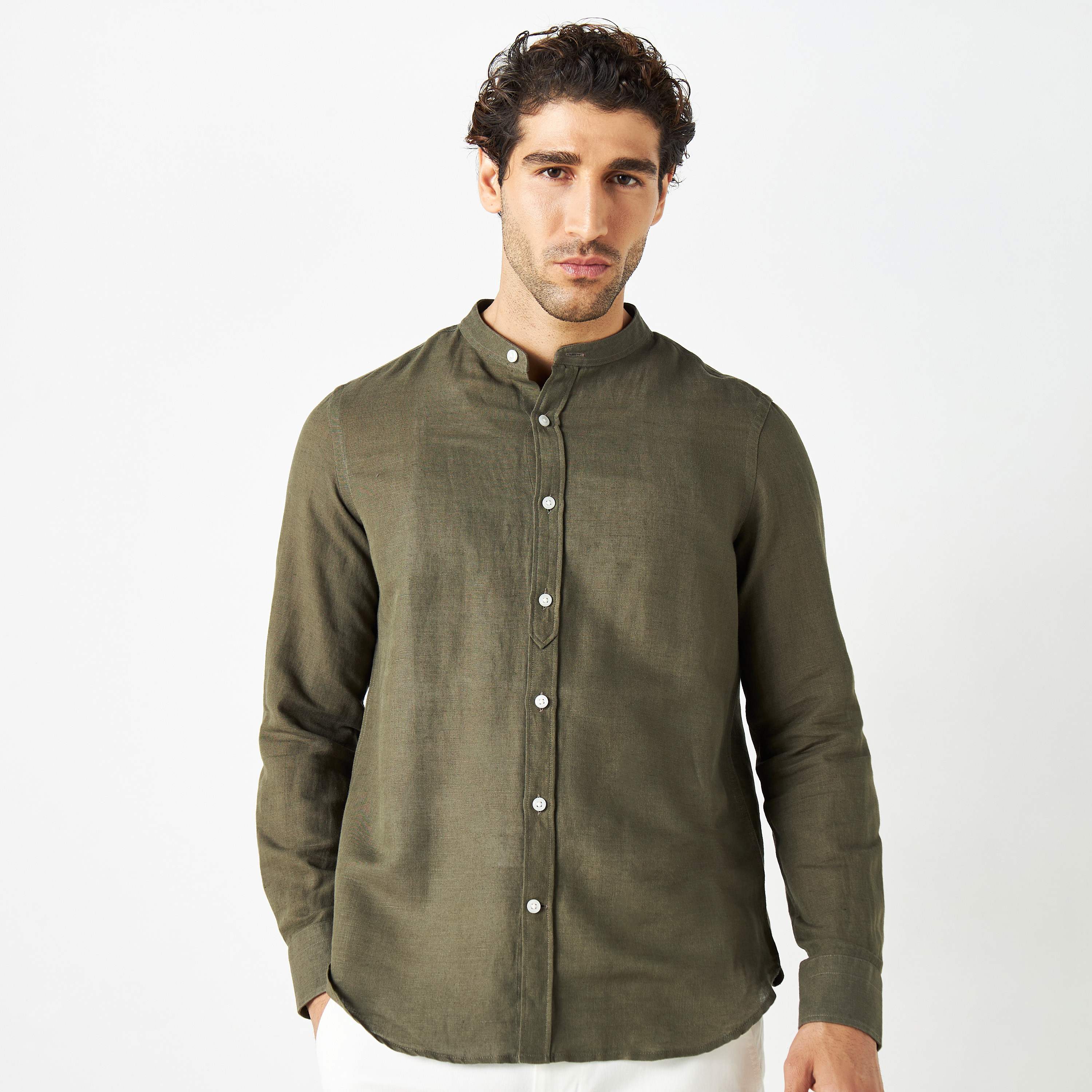 Shop Linen Blend Shirt with Mandarin Collar and Long Sleeves Online ...