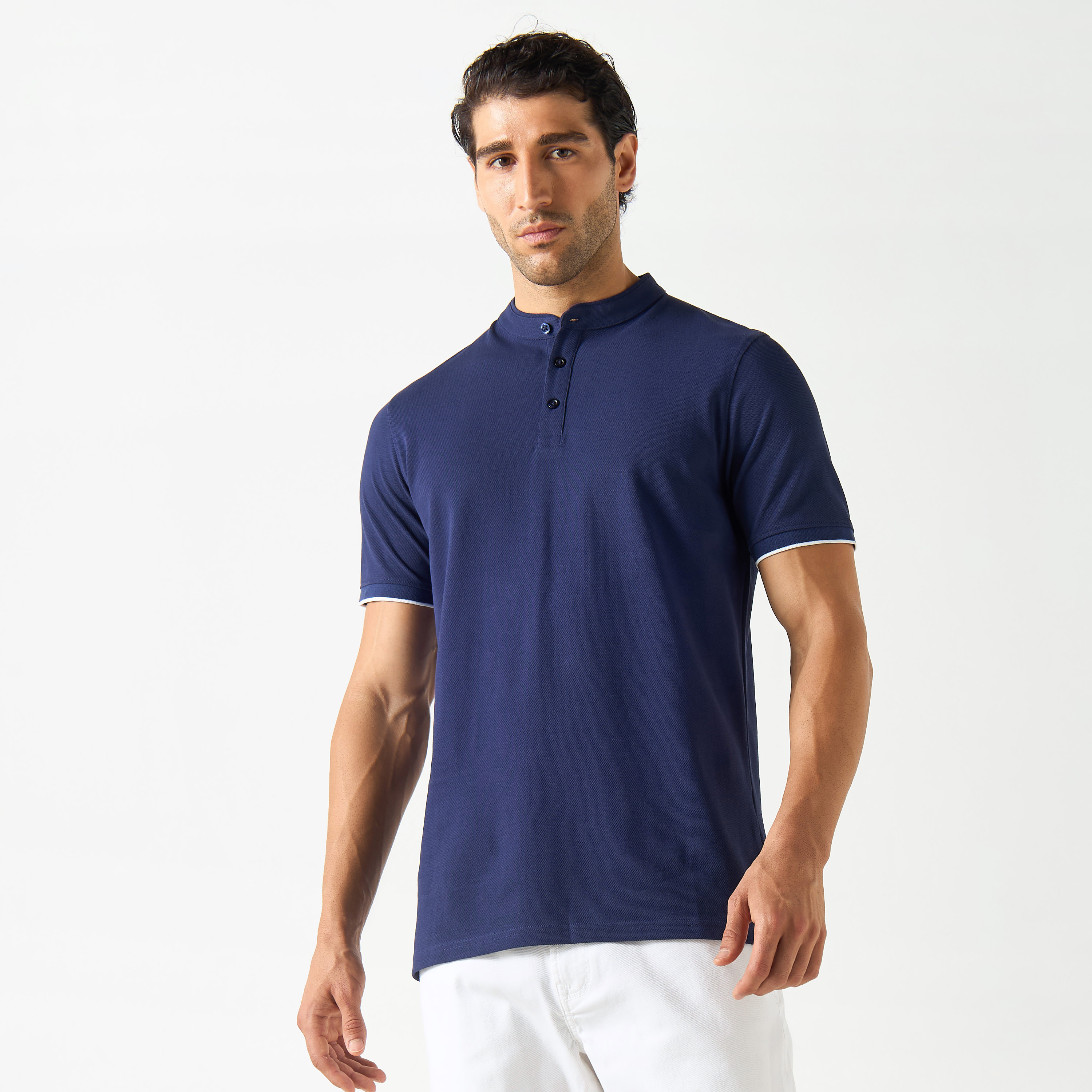 Polo T-shirt with Mandarin Collar and Short Sleeves-men-clothing-tshirtsandpolos-polos-image-1