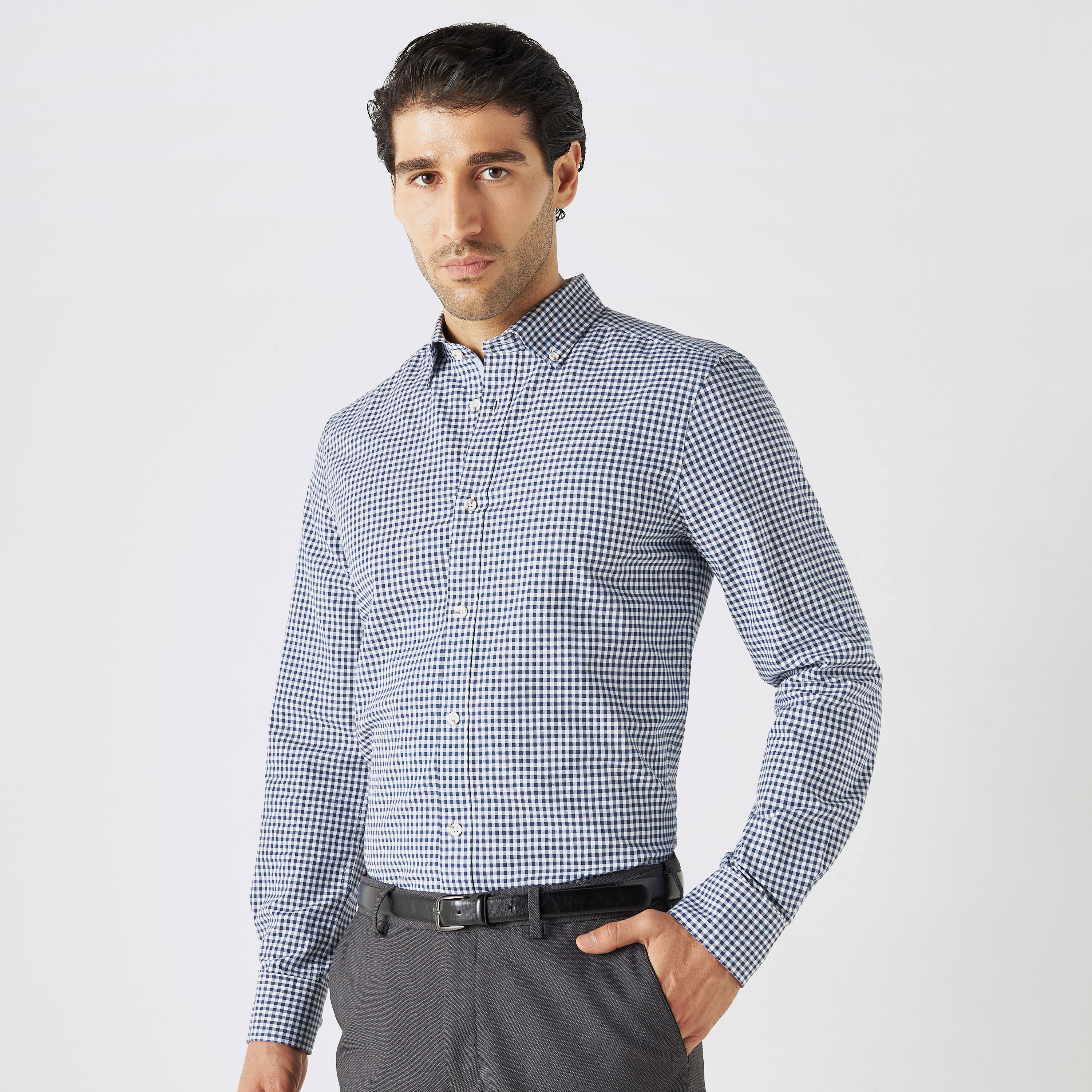 Slim Fit Checked Shirt with Button Down Collar and Long Sleeves-men-clothing-shirts-image-6