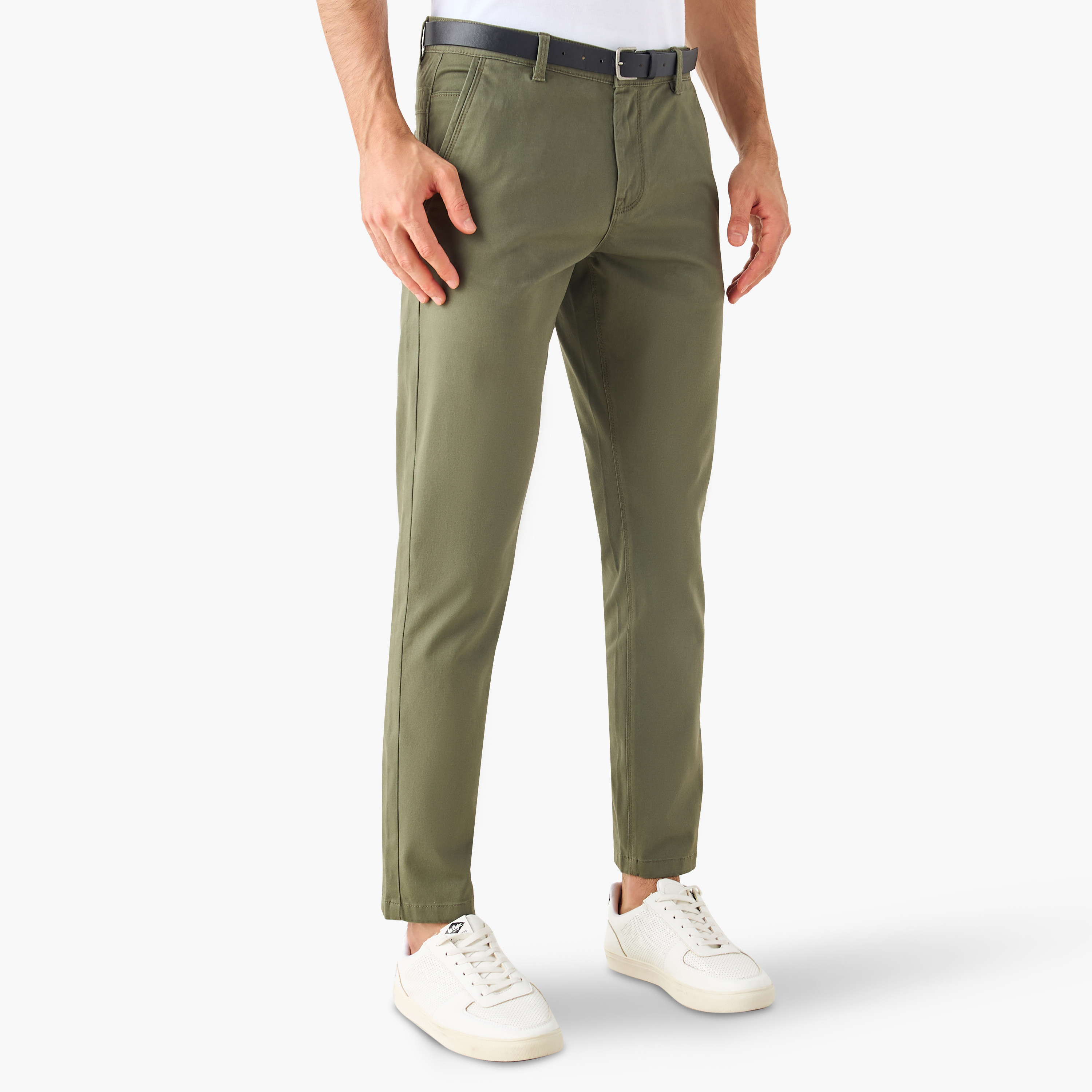 Shop Slim Fit Belted Chino Pants with Pockets and Button