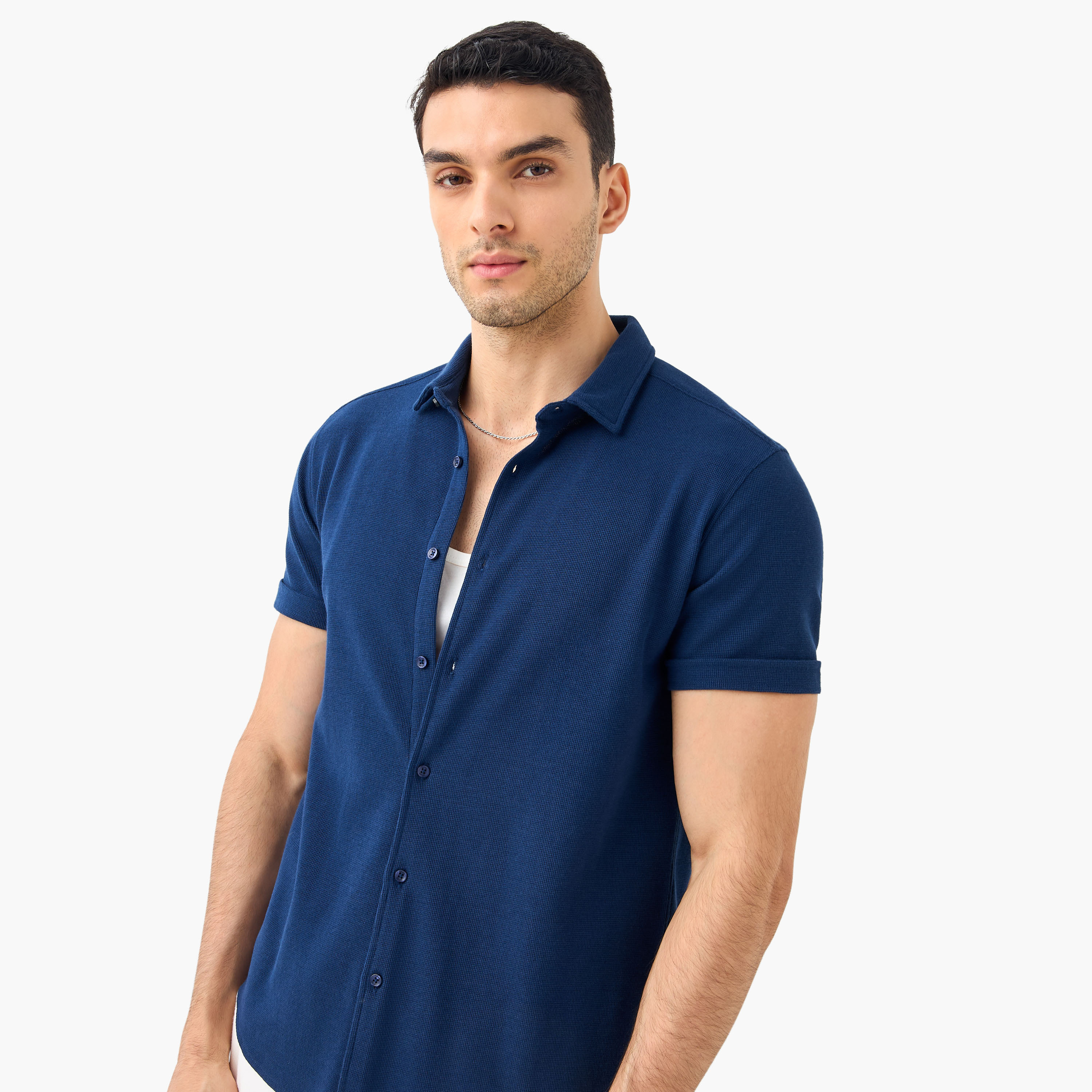 Slim Fit Textured Shirt with Collar and Short Sleeves-men-clothing-shirts-image-7