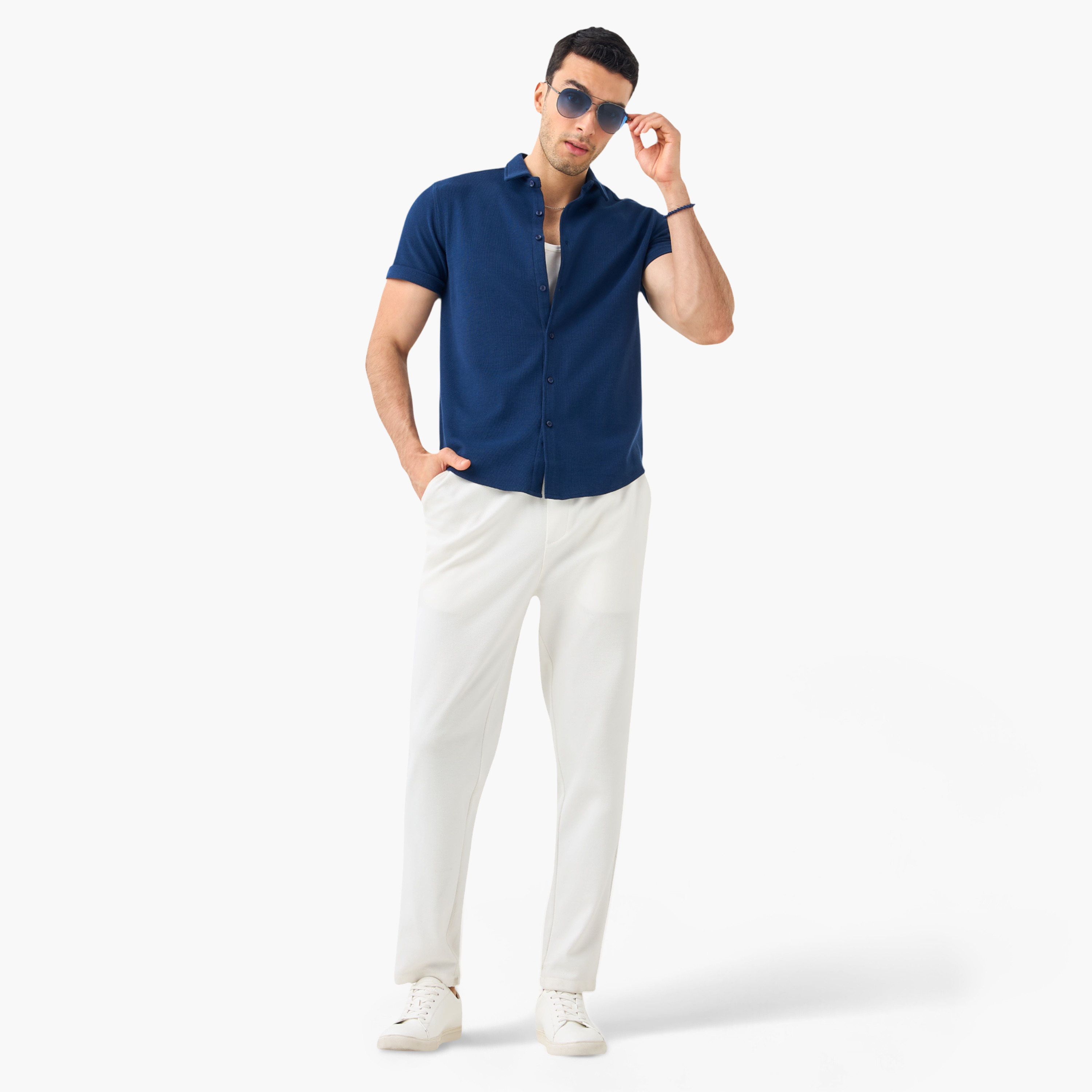 Slim Fit Textured Shirt with Collar and Short Sleeves-men-clothing-shirts-image-8