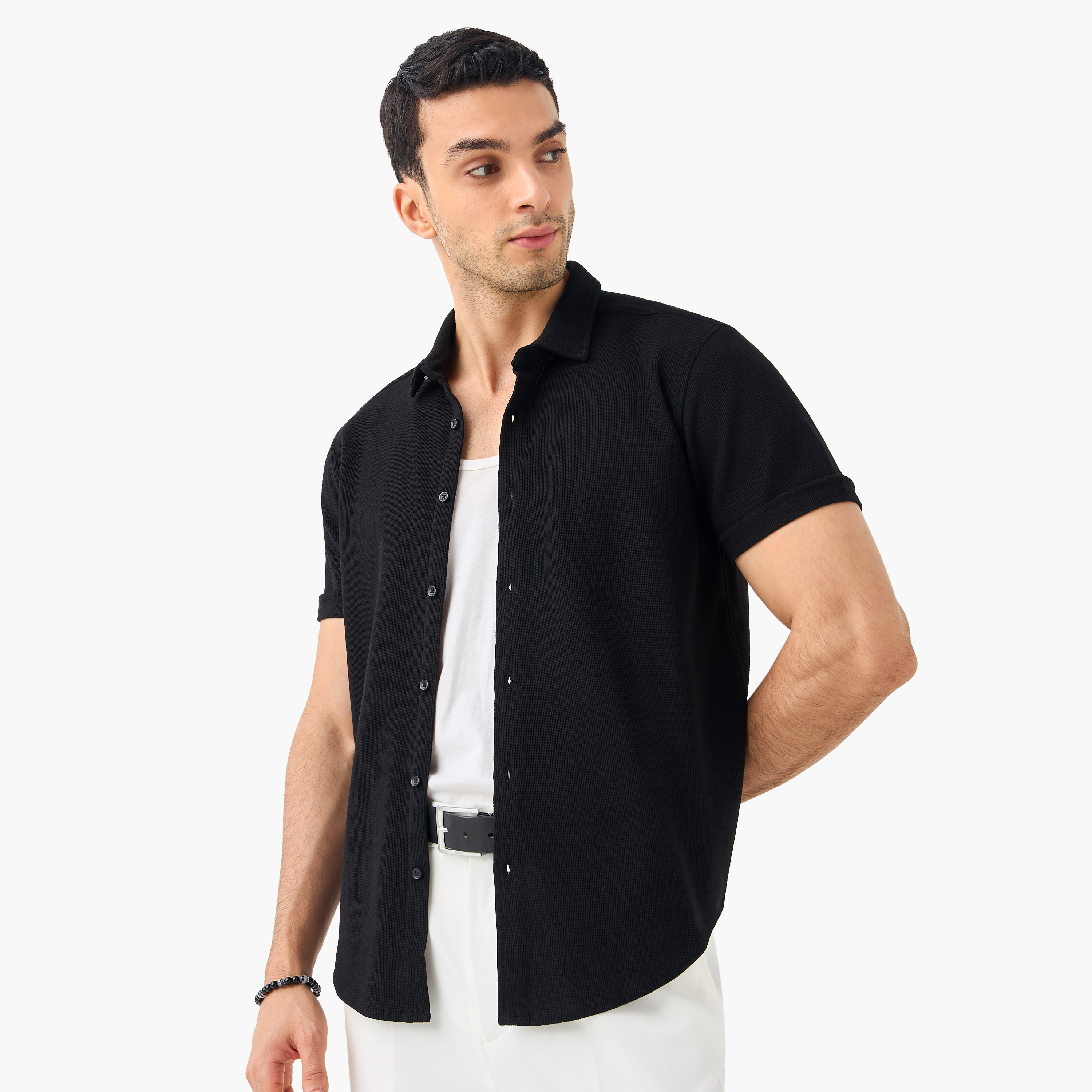 Slim Fit Textured Shirt with Collar and Short Sleeves-men-clothing-shirts-image-22