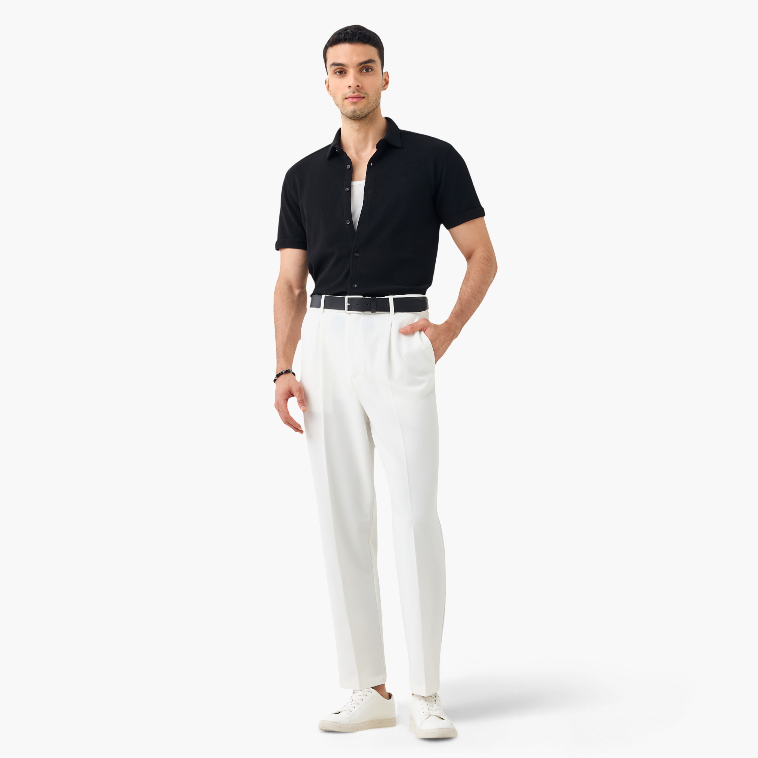 Slim Fit Textured Shirt with Collar and Short Sleeves-men-clothing-shirts-image-23