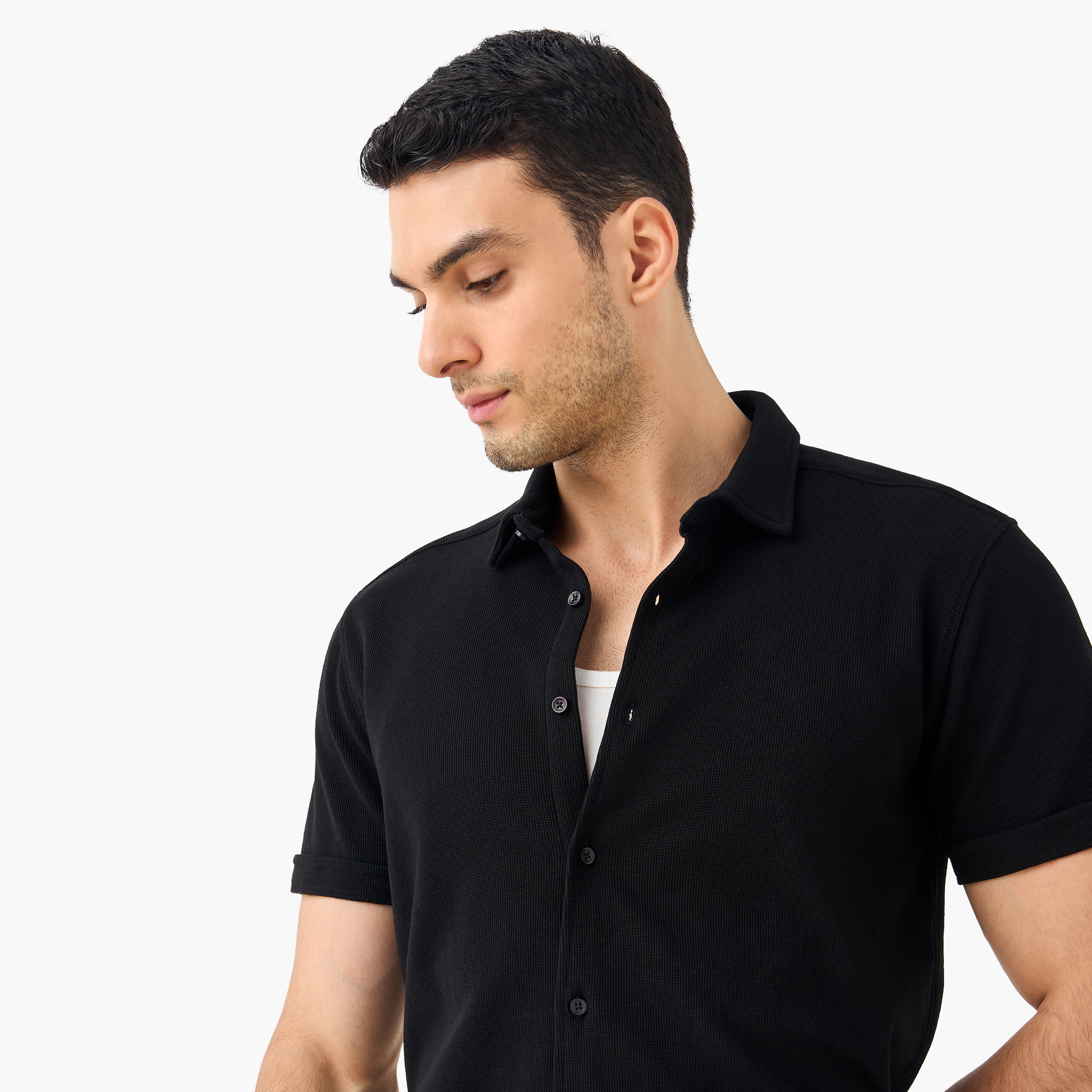 Slim Fit Textured Shirt with Collar and Short Sleeves-men-clothing-shirts-image-25