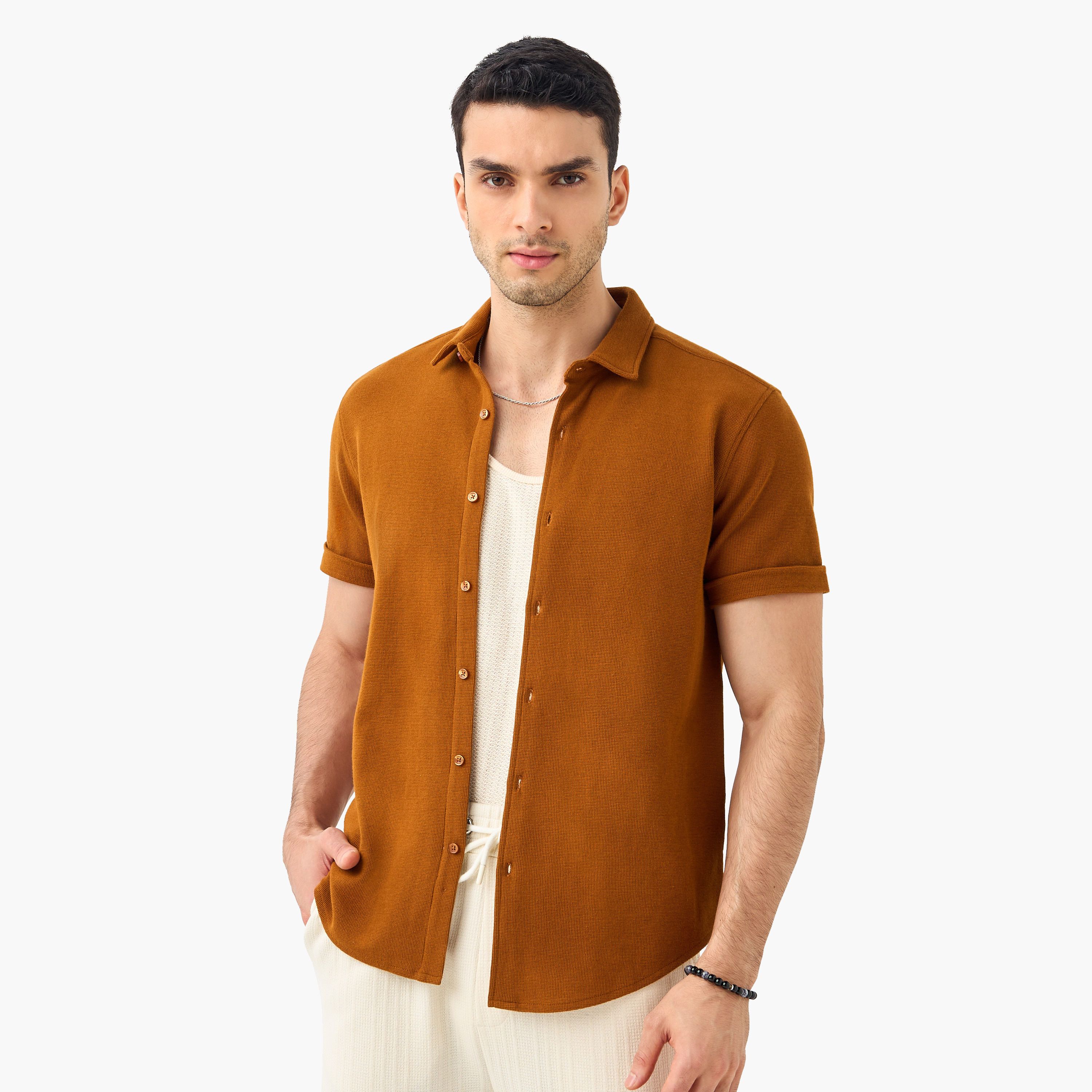 Slim Fit Textured Shirt with Collar and Short Sleeves-men-clothing-shirts-image-17
