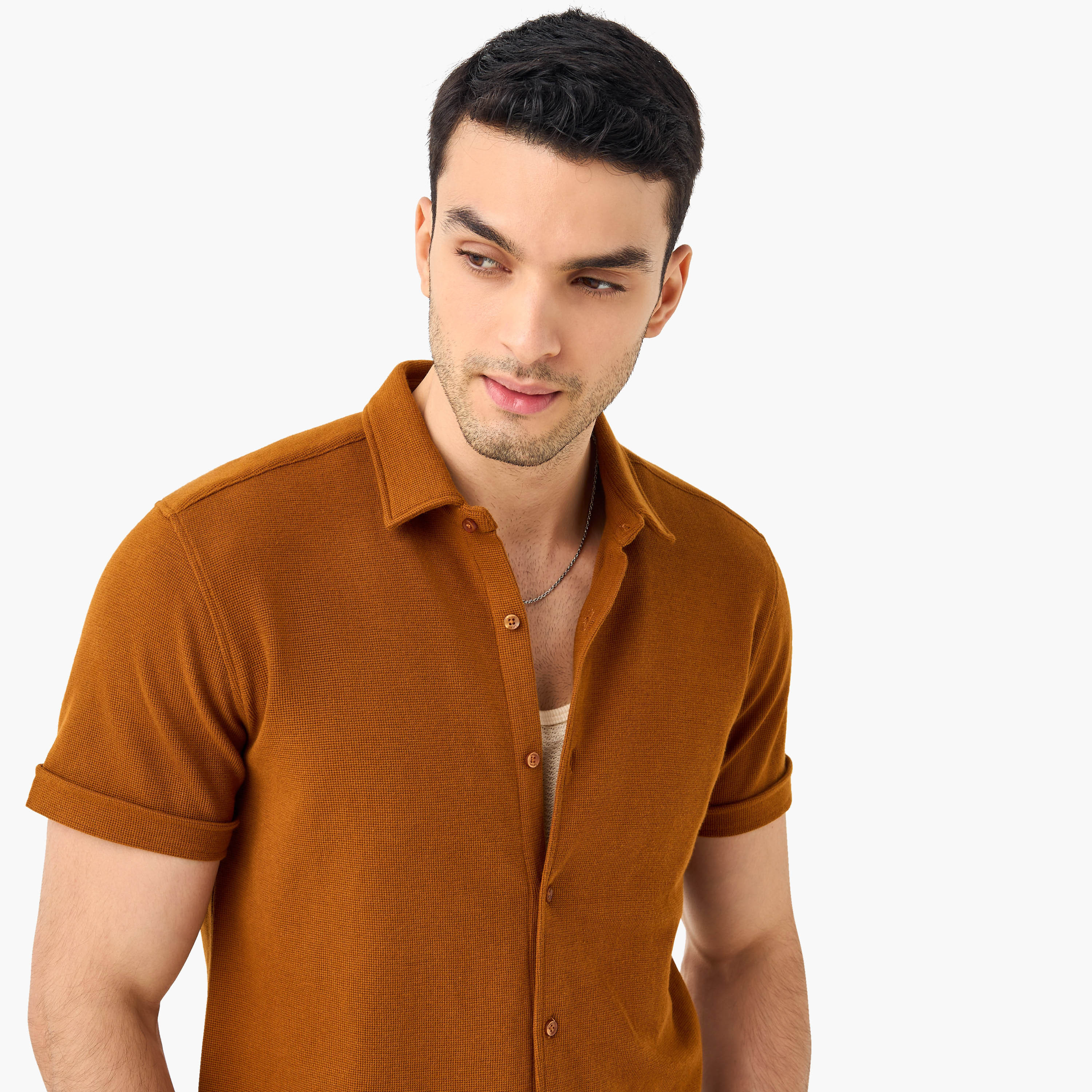Slim Fit Textured Shirt with Collar and Short Sleeves-men-clothing-shirts-image-20