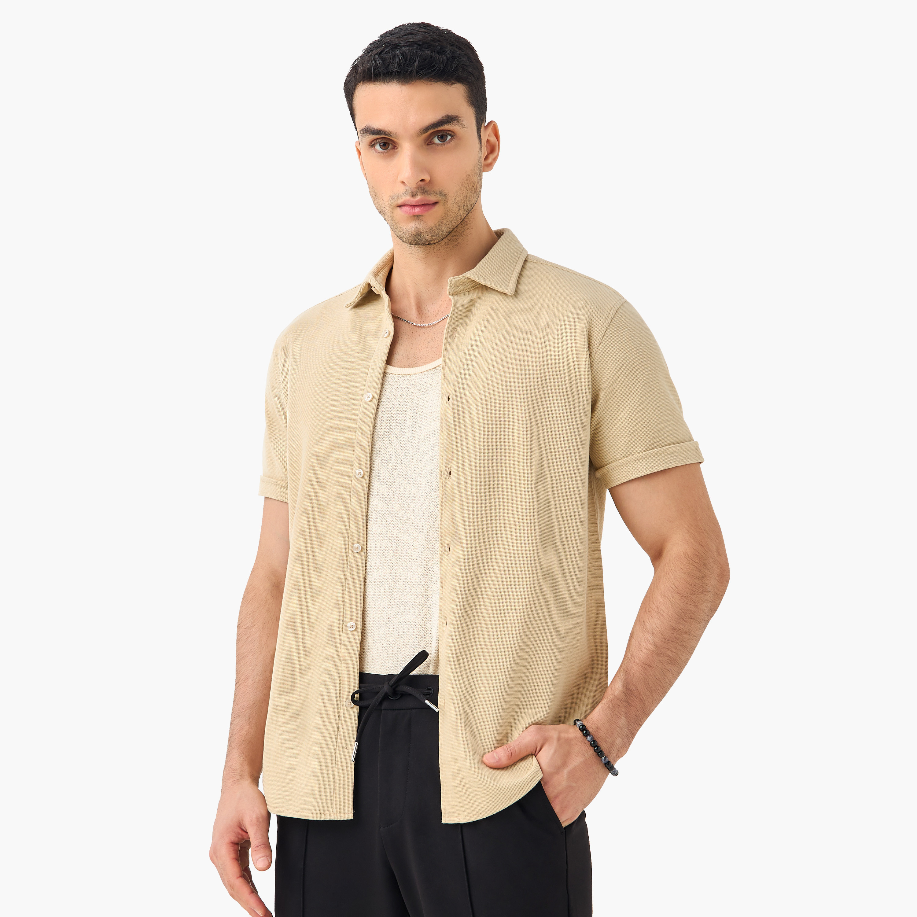 Slim Fit Textured Shirt with Collar and Short Sleeves-men-clothing-shirts-image-12