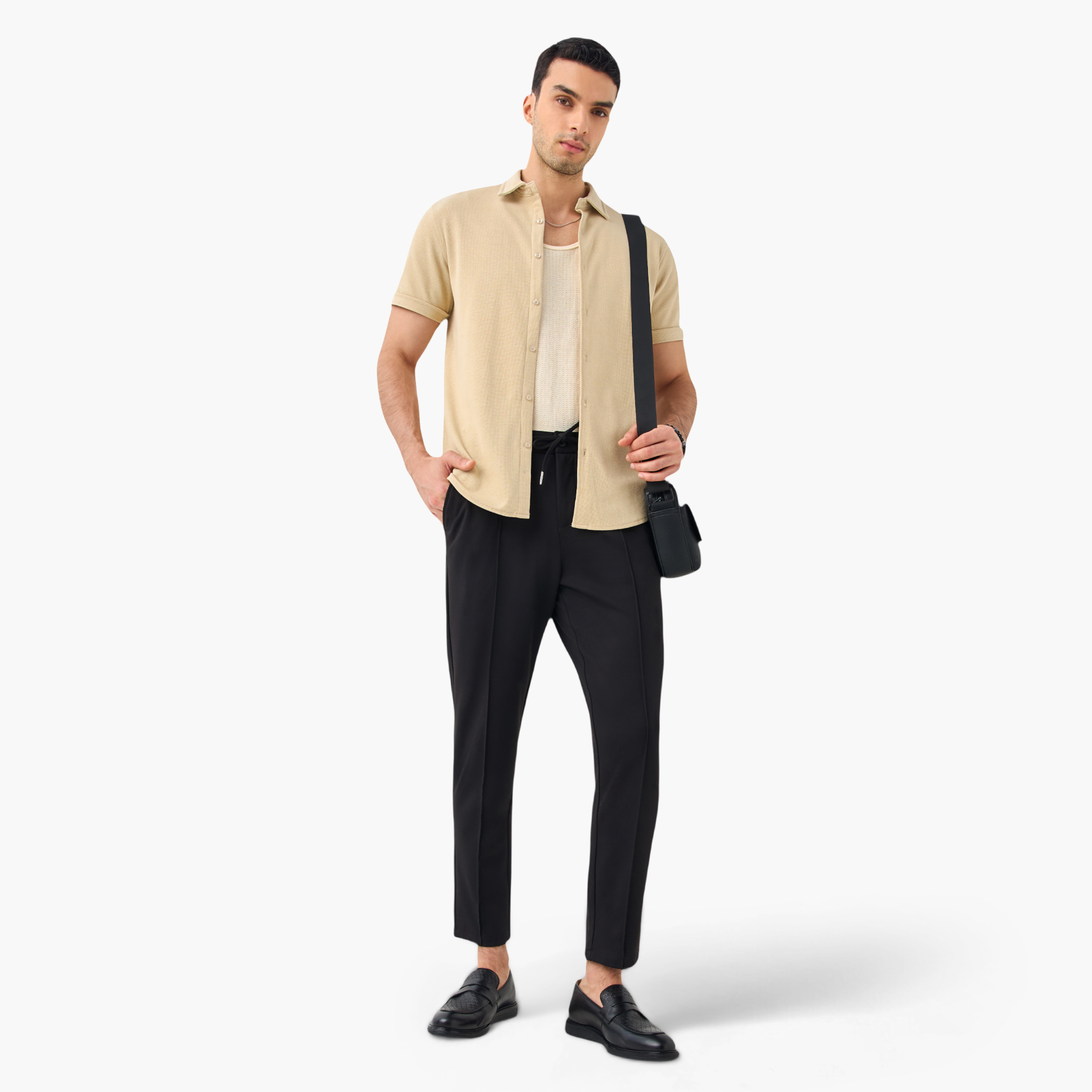 Slim Fit Textured Shirt with Collar and Short Sleeves-men-clothing-shirts-image-13