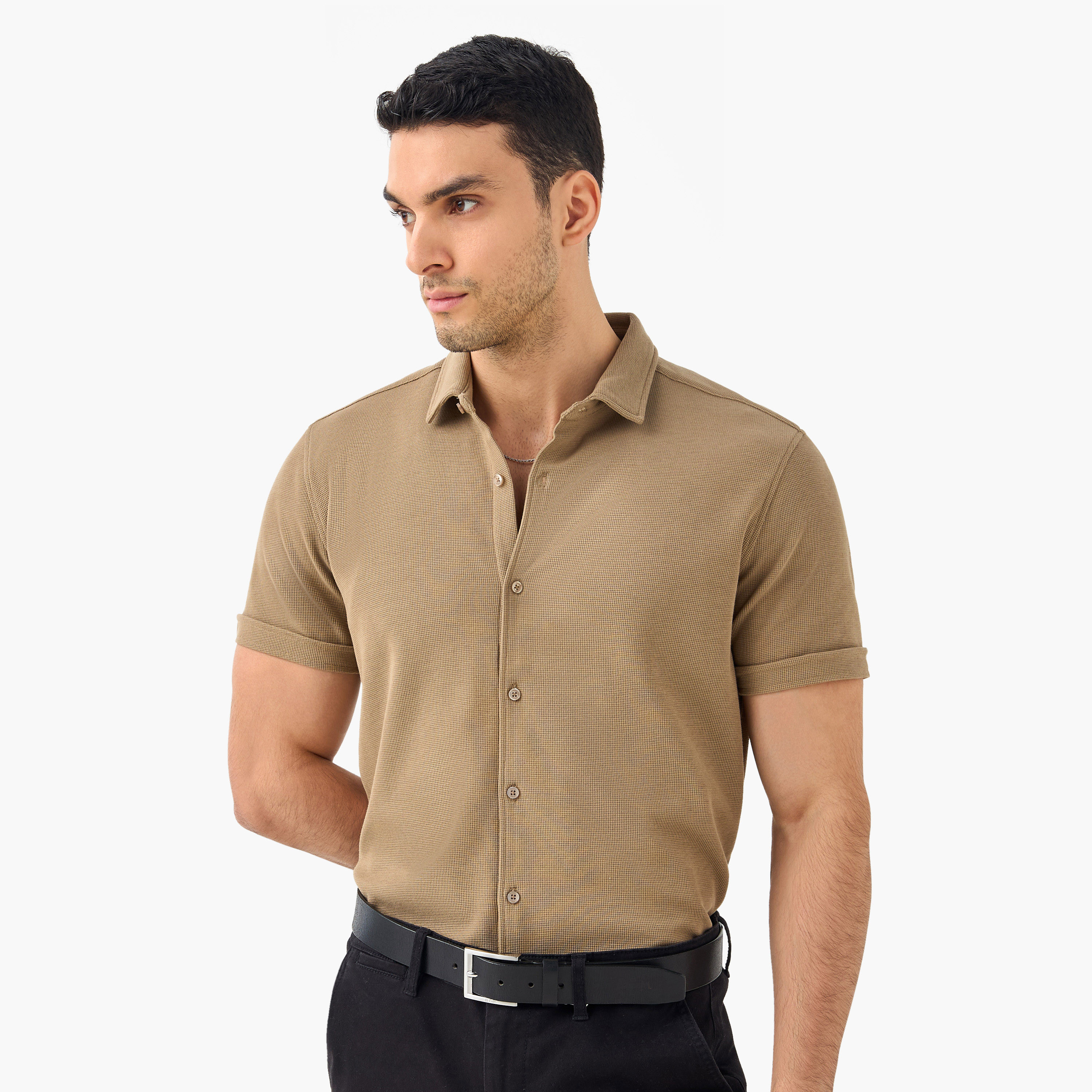 Slim Fit Textured Shirt with Collar and Short Sleeves-men-clothing-shirts-image-1