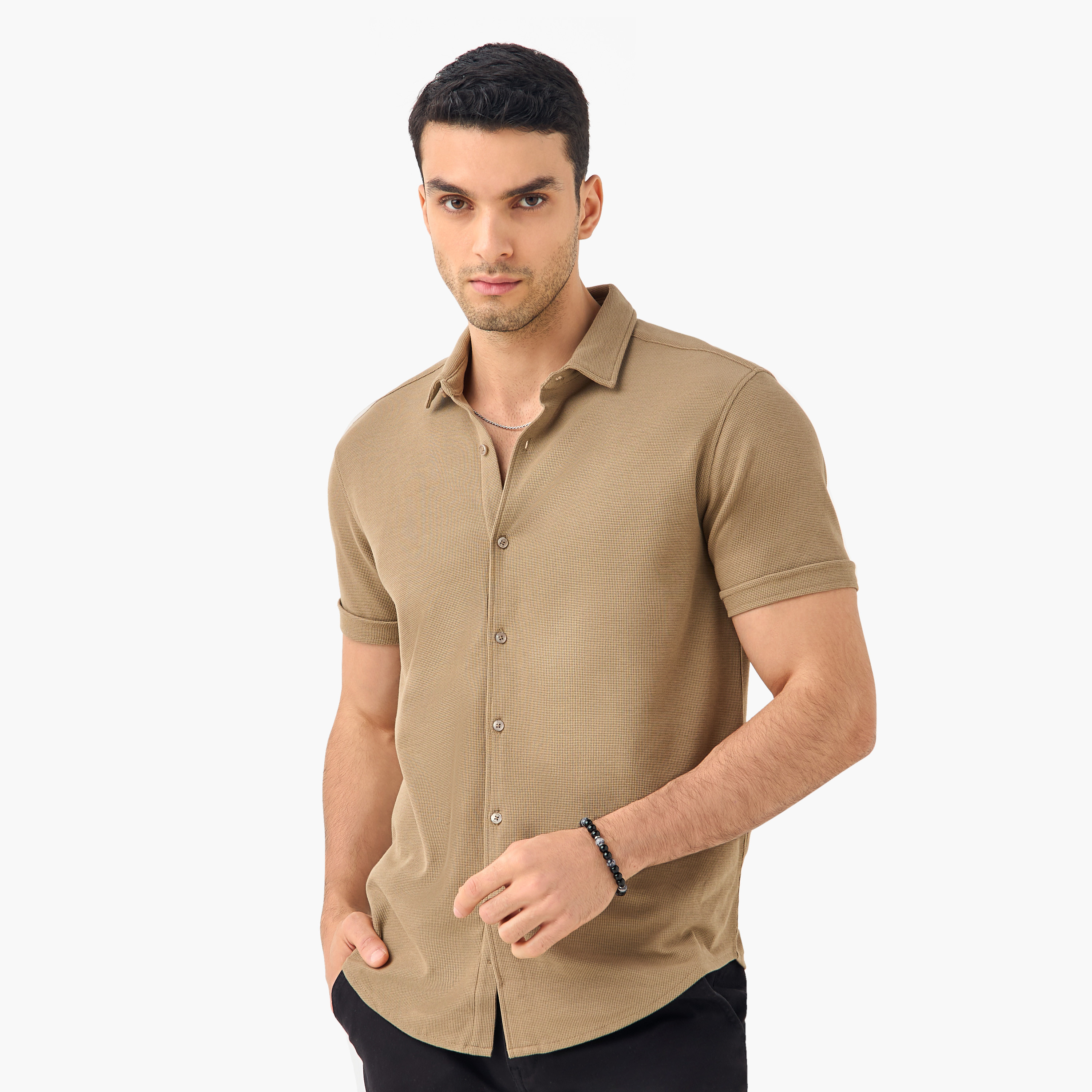 Slim Fit Textured Shirt with Collar and Short Sleeves-men-clothing-shirts-image-2