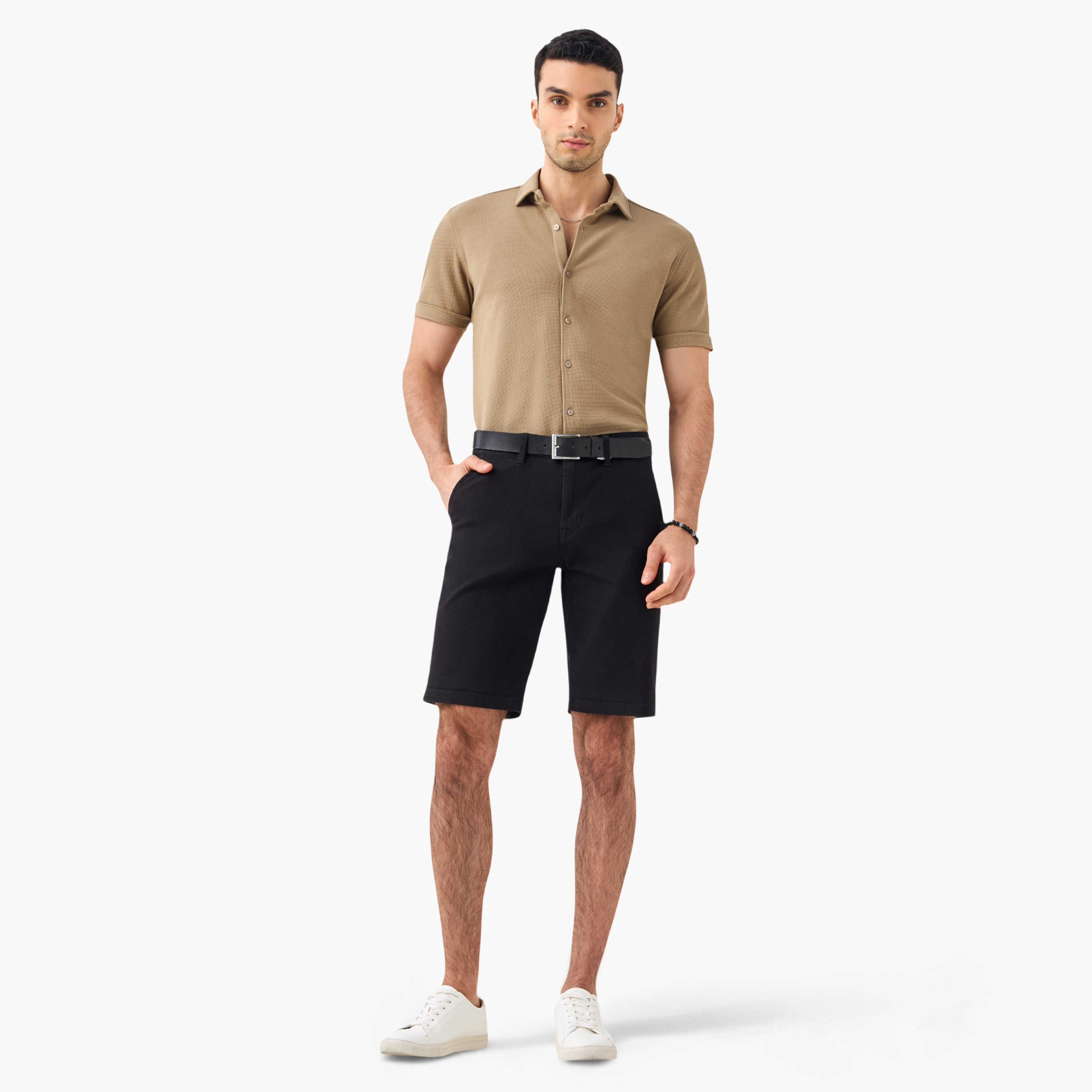 Slim Fit Textured Shirt with Collar and Short Sleeves-men-clothing-shirts-image-3