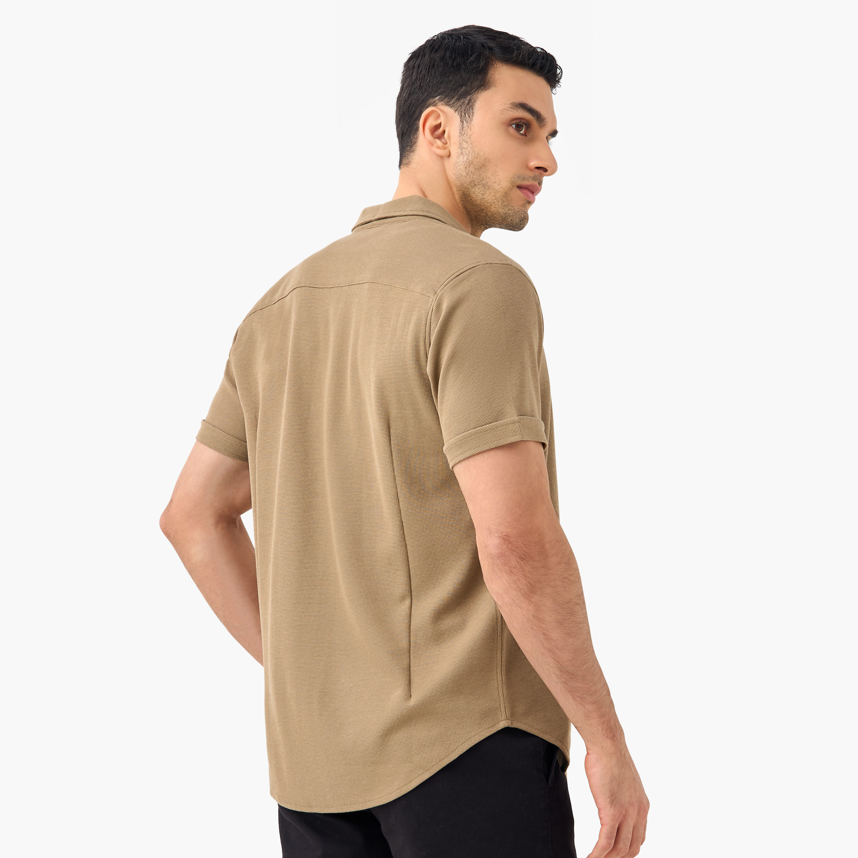Slim Fit Textured Shirt with Collar and Short Sleeves-men-clothing-shirts-image-4