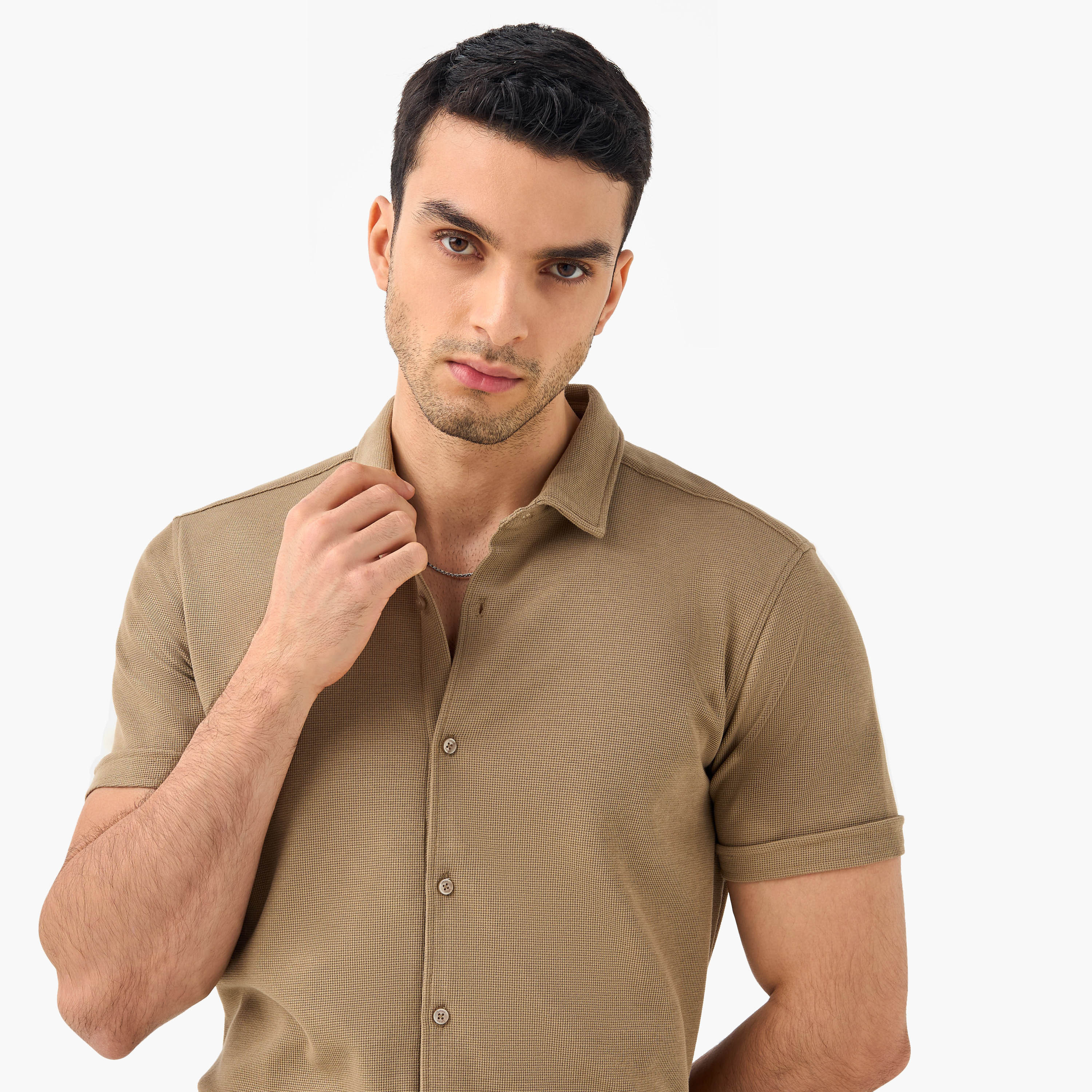 Slim Fit Textured Shirt with Collar and Short Sleeves-men-clothing-shirts-image-5
