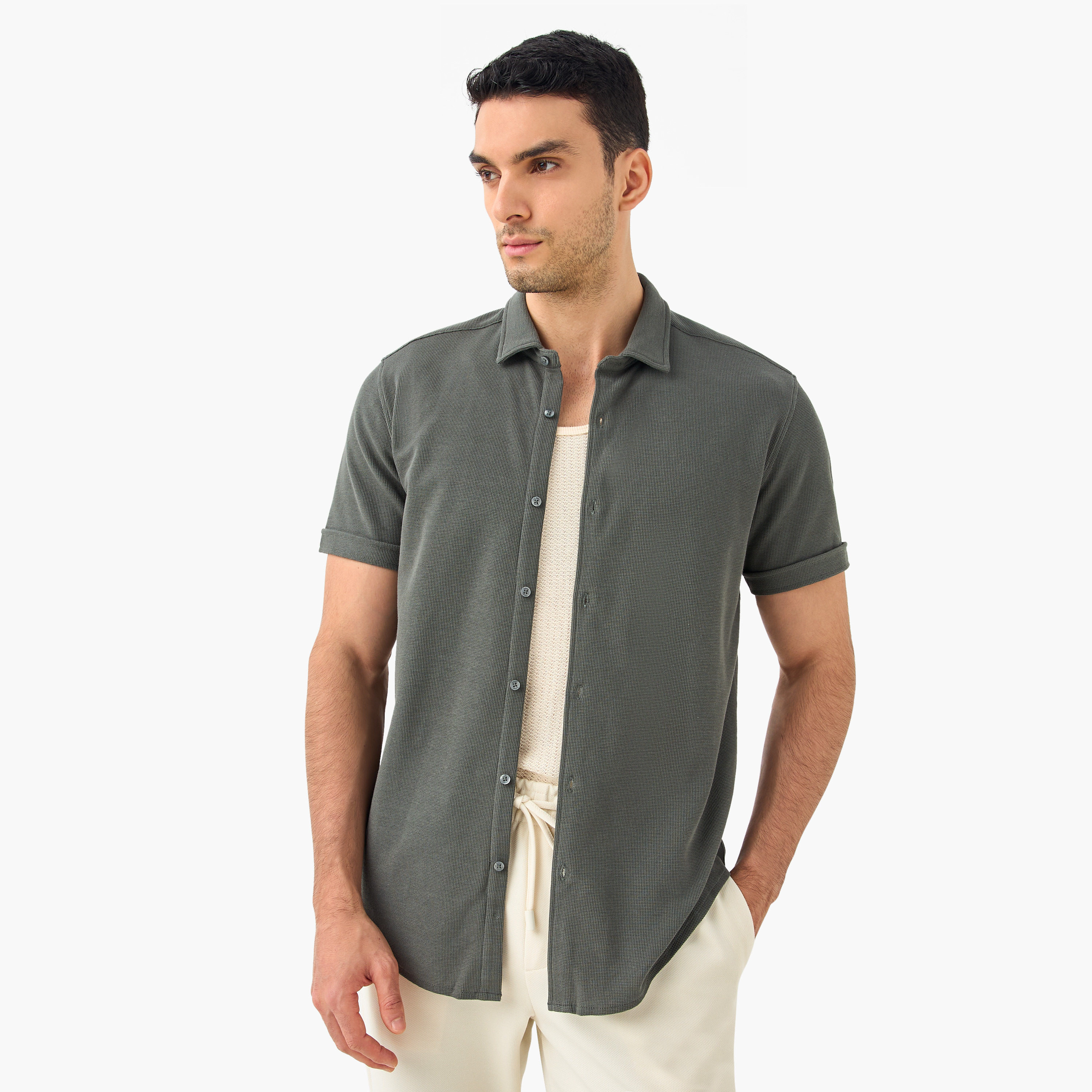 Slim Fit Textured Shirt with Collar and Short Sleeves-men-clothing-shirts-image-27
