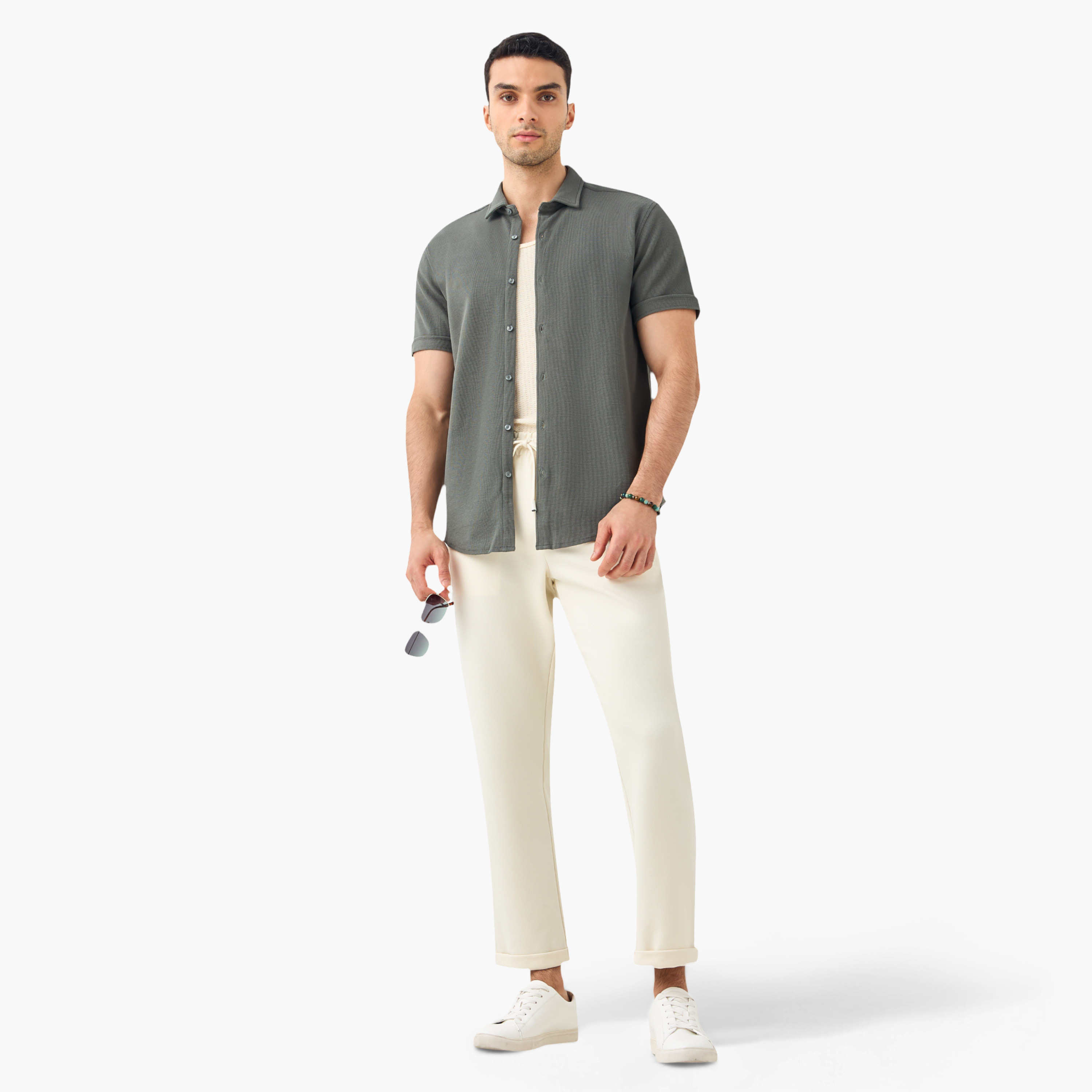 Slim Fit Textured Shirt with Collar and Short Sleeves-men-clothing-shirts-image-28