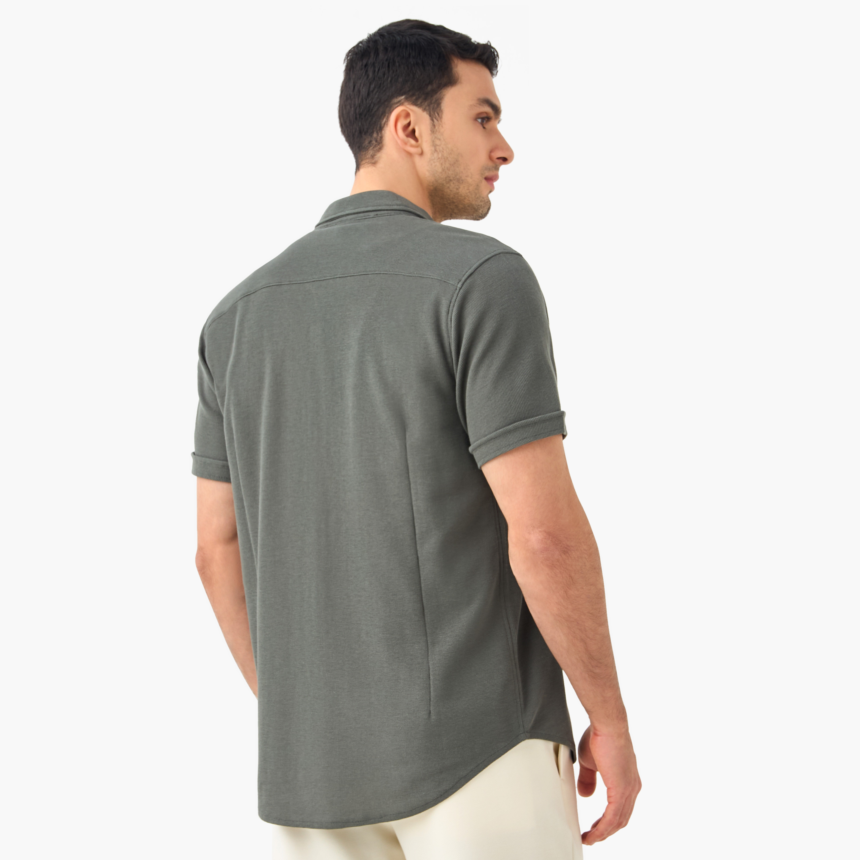 Slim Fit Textured Shirt with Collar and Short Sleeves-men-clothing-shirts-image-29