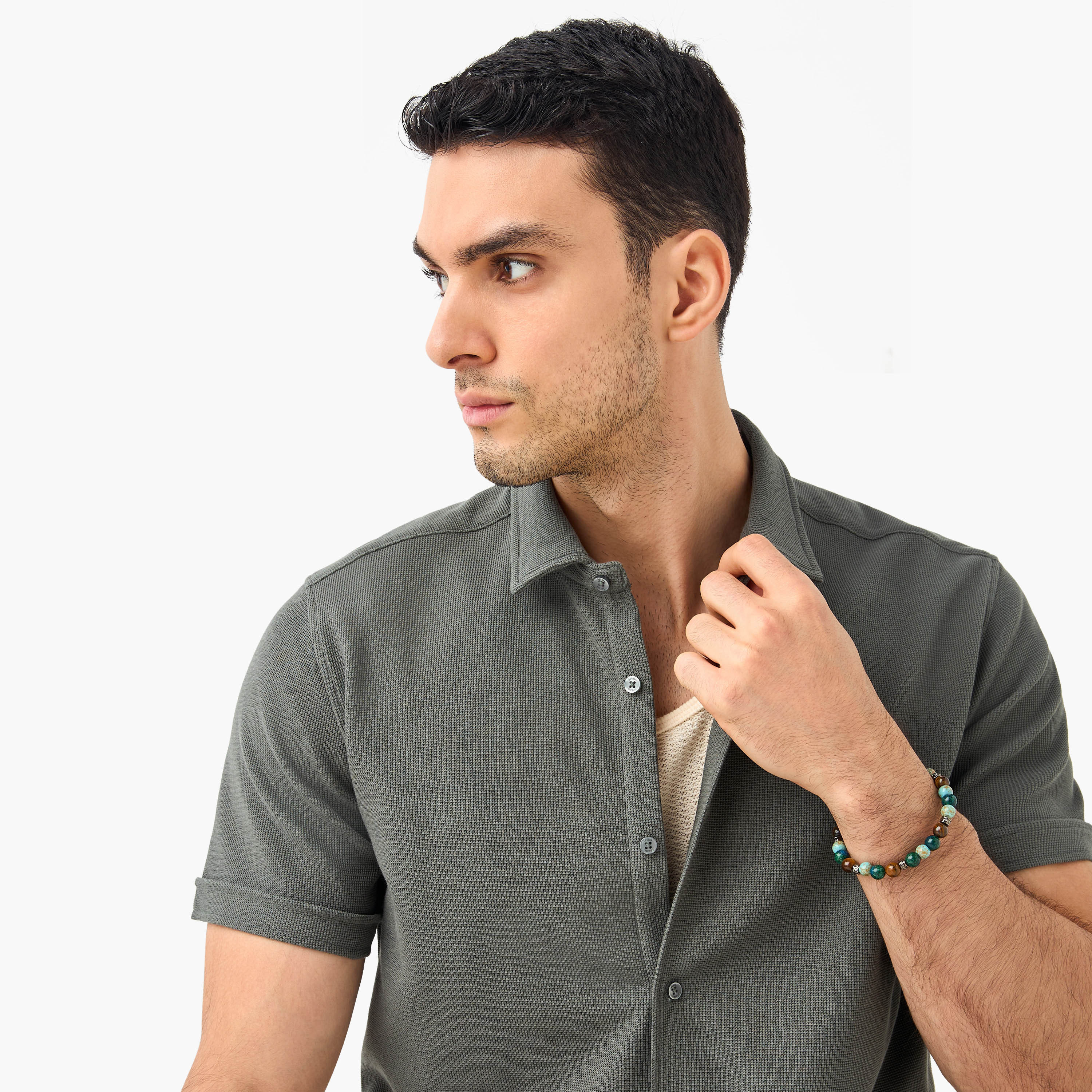 Slim Fit Textured Shirt with Collar and Short Sleeves-men-clothing-shirts-image-30