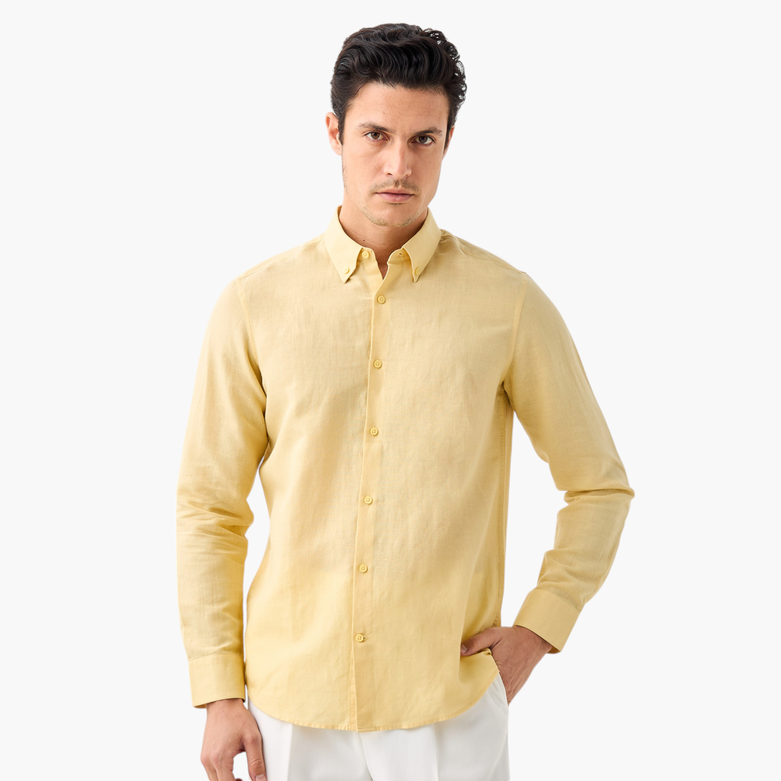 Linen Blend Shirt with Long Sleeves and Button Closure-men-clothing-shirts-image-1
