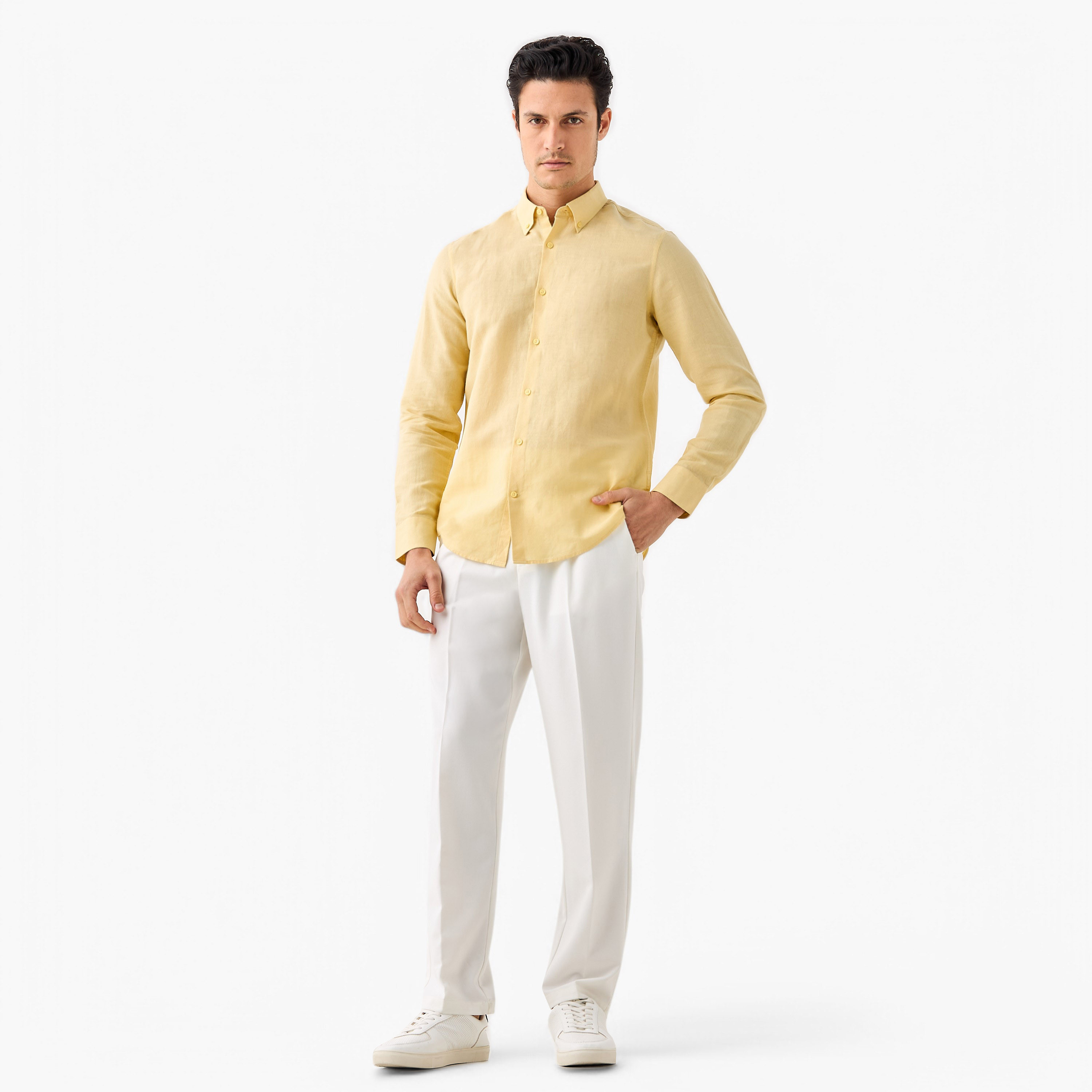 Linen Blend Shirt with Long Sleeves and Button Closure-men-clothing-shirts-image-2