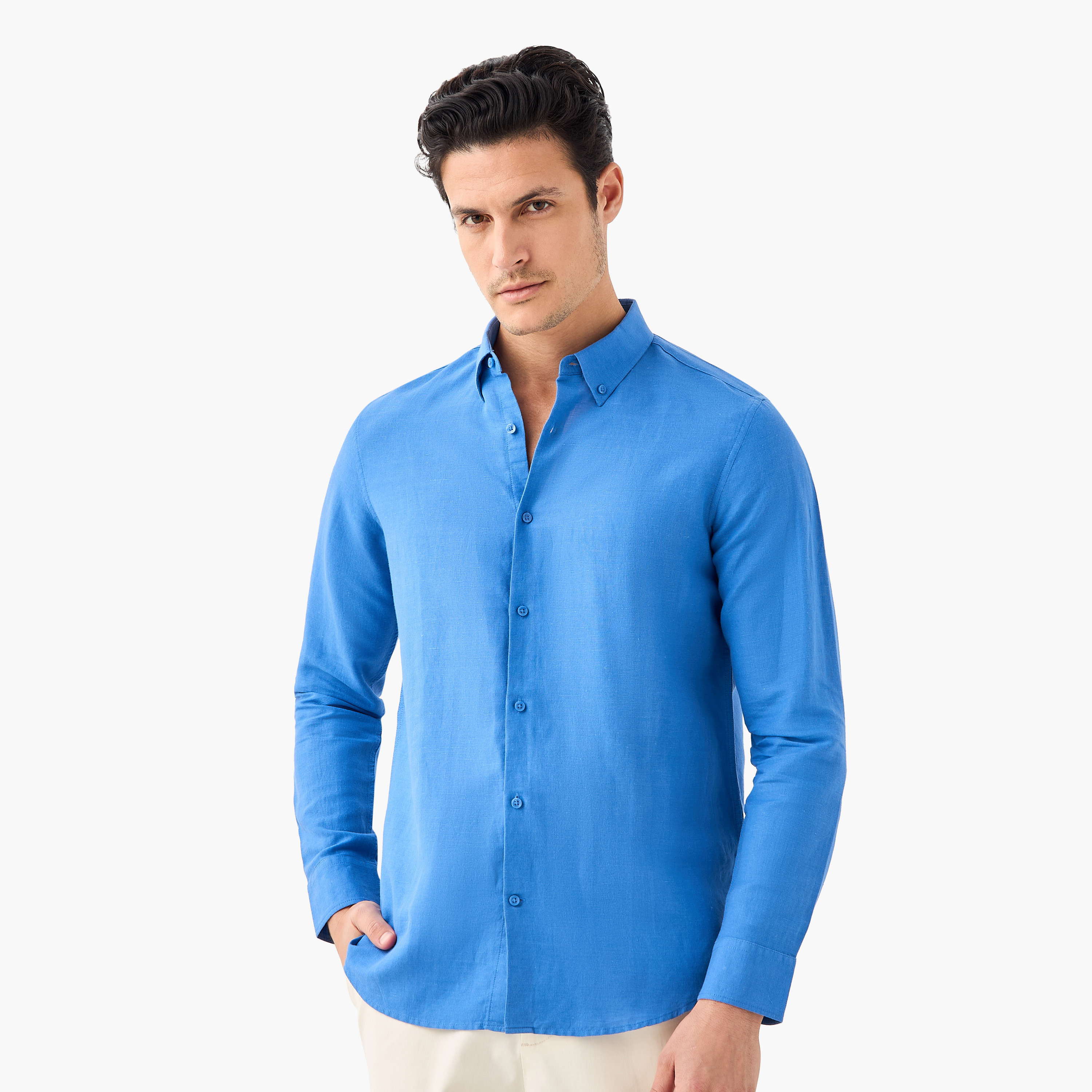 Linen Blend Shirt with Long Sleeves and Button Closure-men-clothing-shirts-image-7