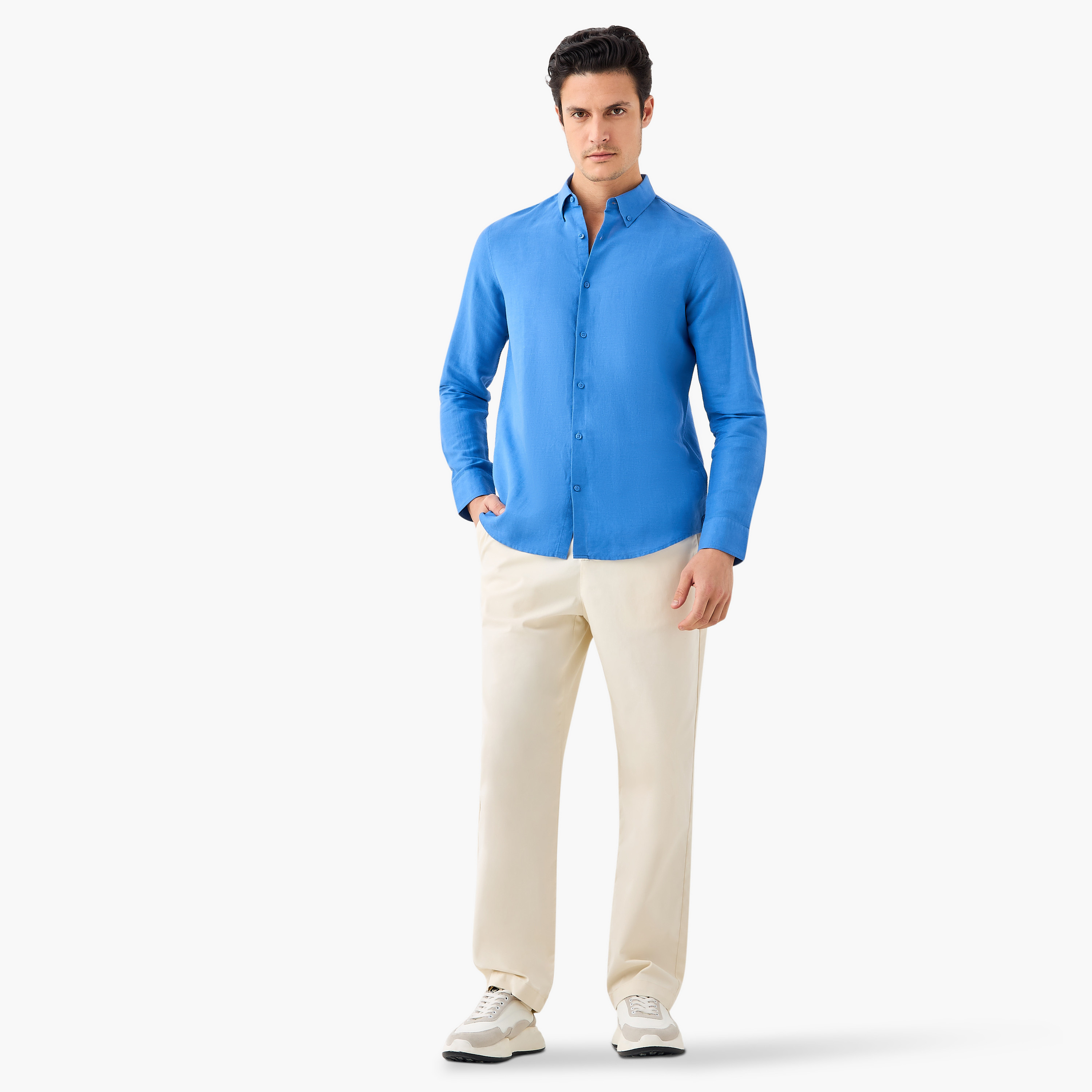 Linen Blend Shirt with Long Sleeves and Button Closure-men-clothing-shirts-image-8