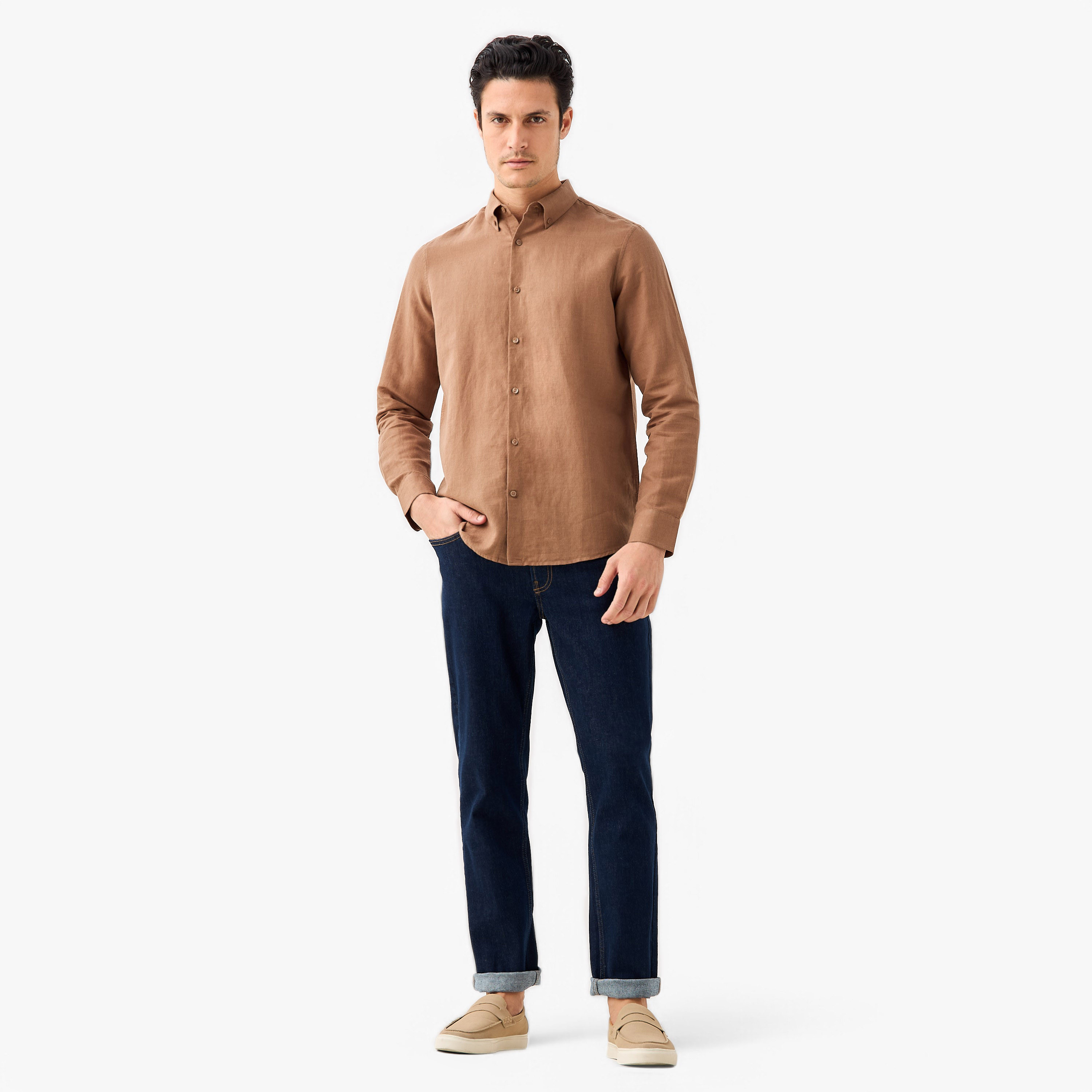 Linen Blend Shirt with Long Sleeves and Button Closure-men-clothing-shirts-image-27