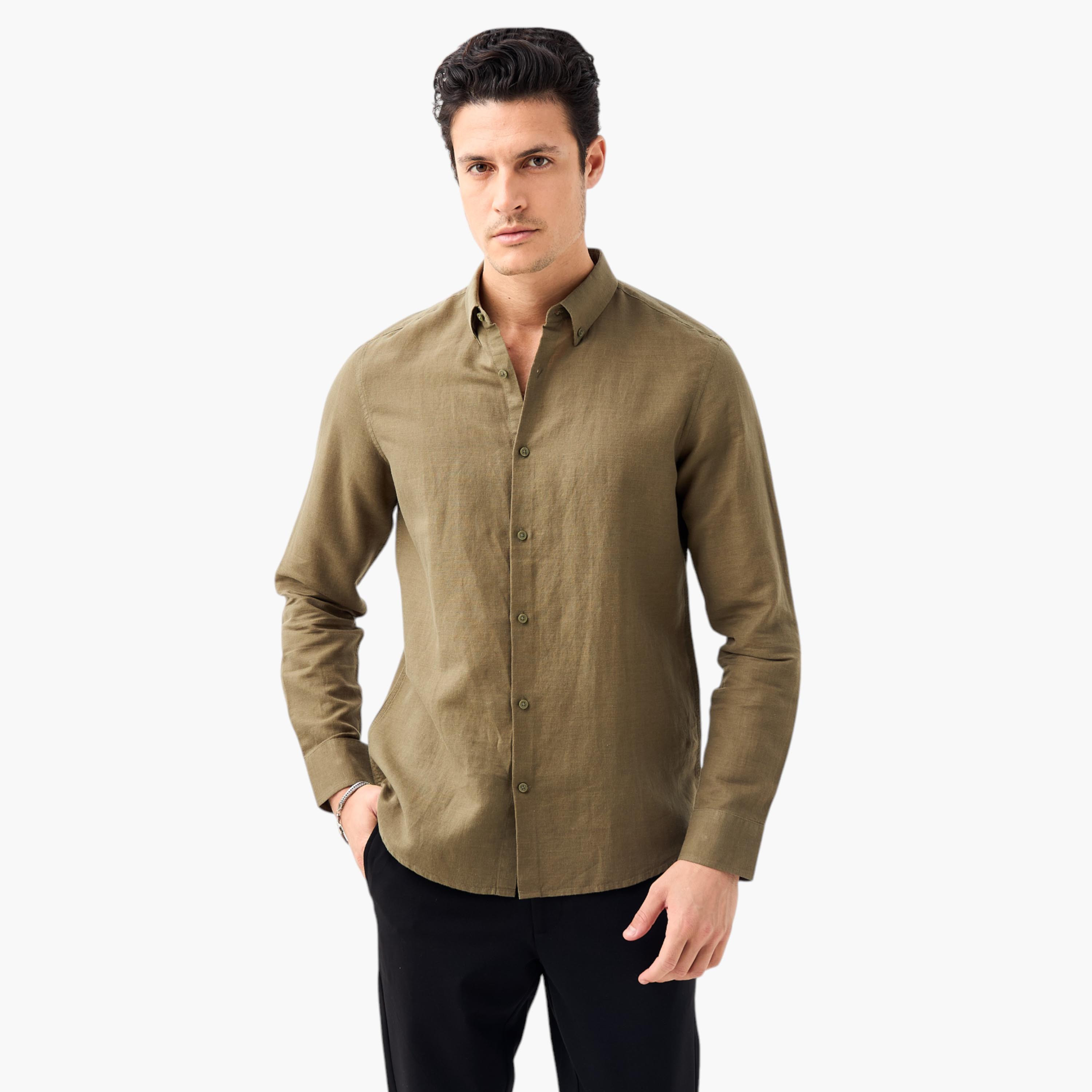 Linen Blend Shirt with Long Sleeves and Button Closure-men-clothing-shirts-image-16