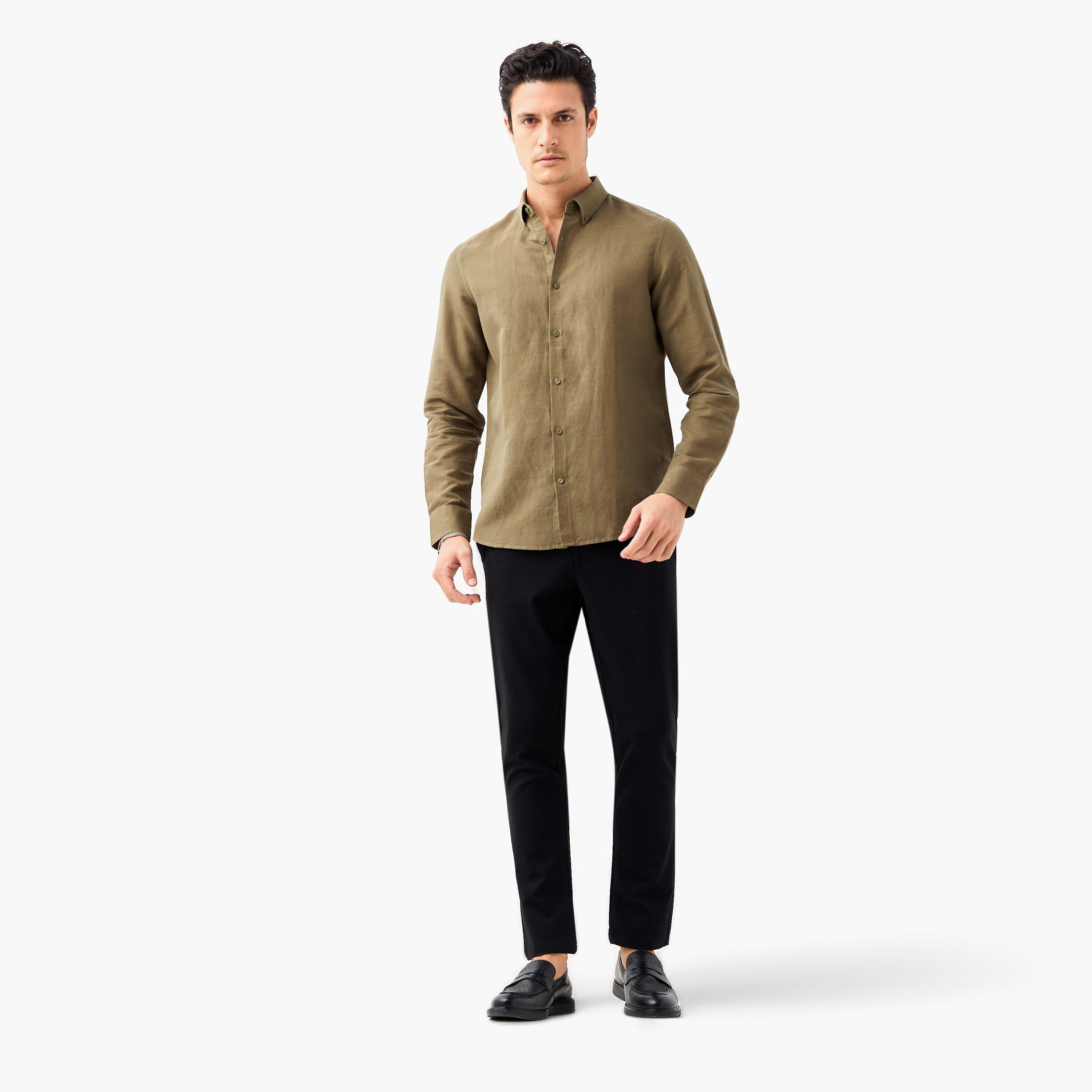 Linen Blend Shirt with Long Sleeves and Button Closure-men-clothing-shirts-image-17