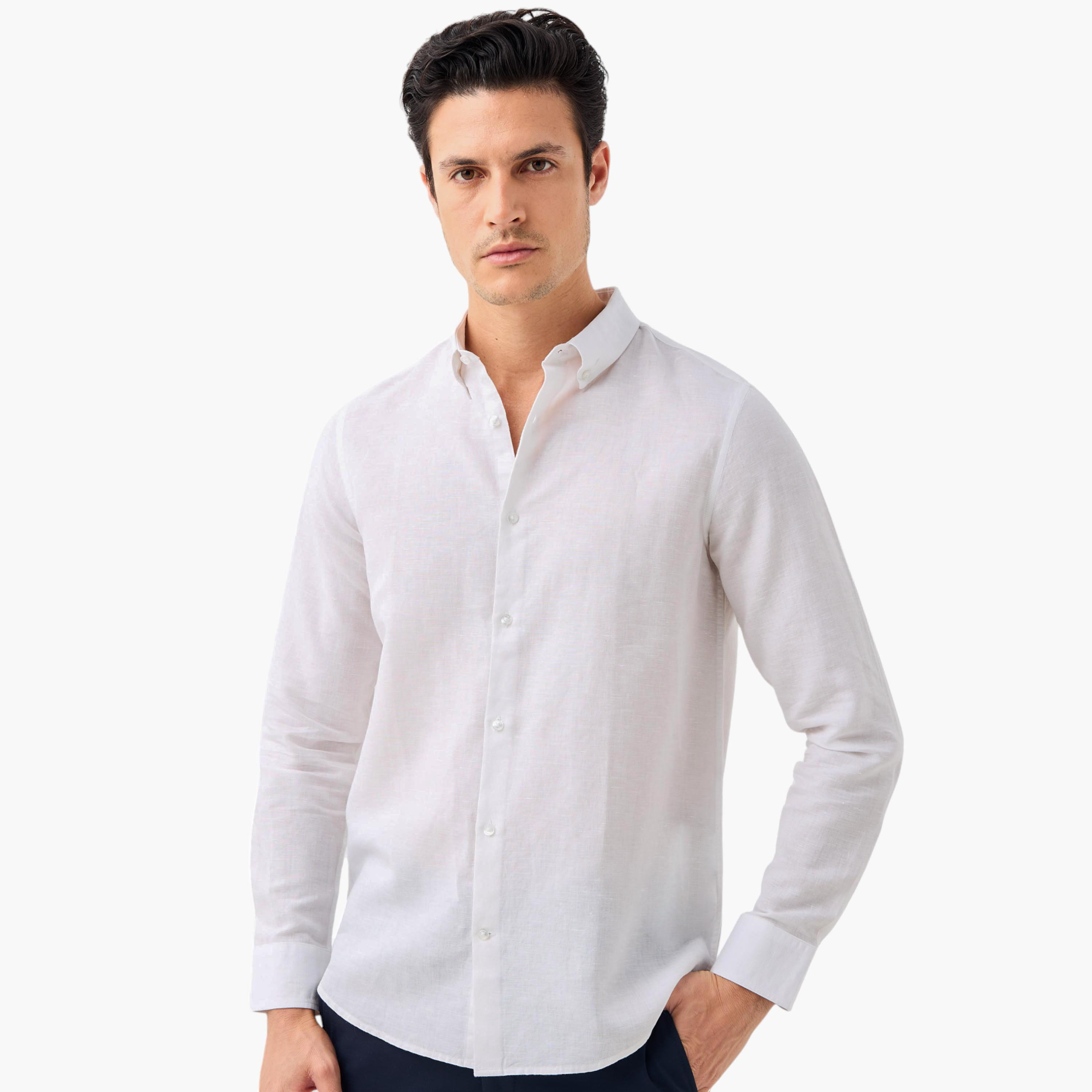 Linen Blend Shirt with Long Sleeves and Button Closure-men-clothing-shirts-image-21