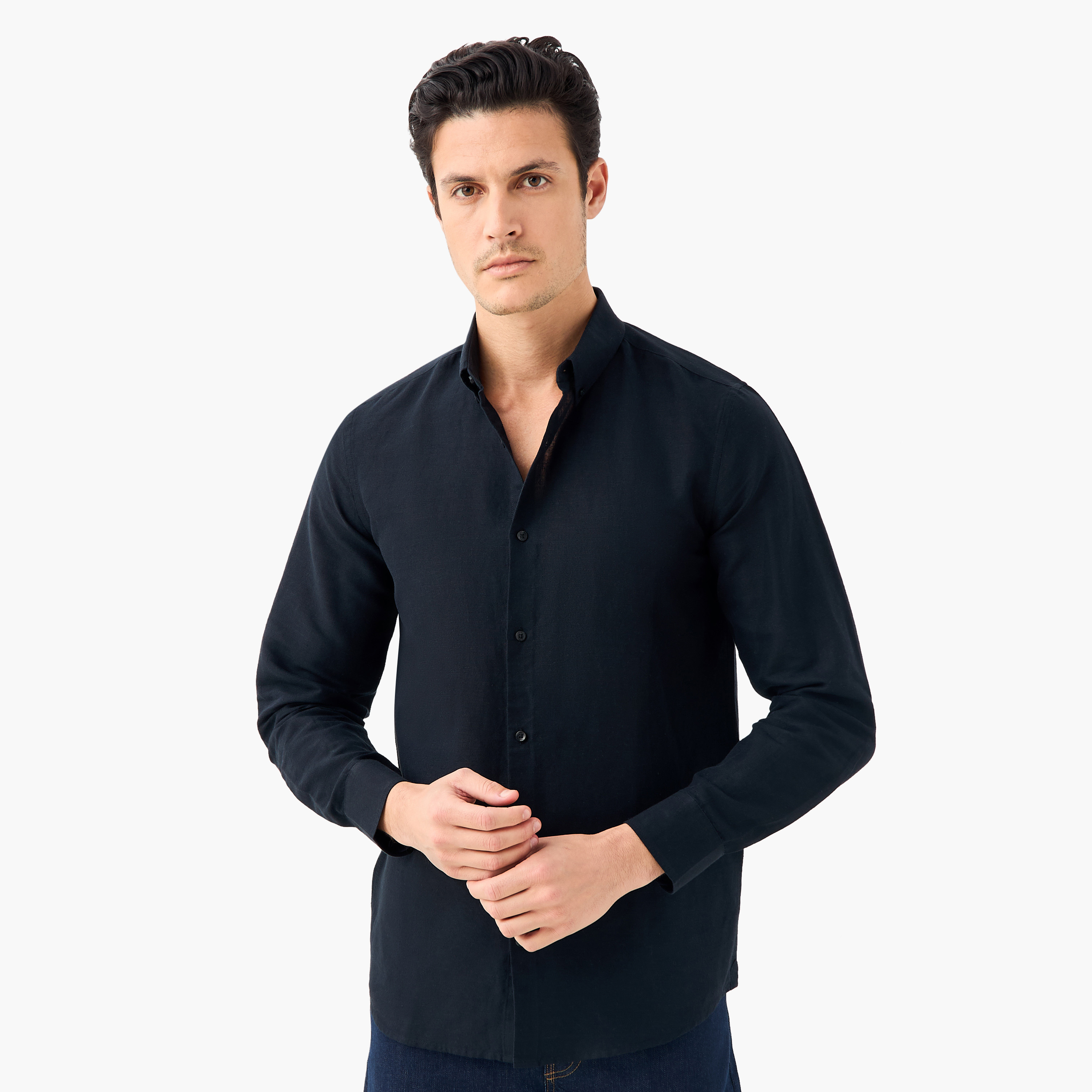 Linen Blend Shirt with Long Sleeves and Button Closure-men-clothing-shirts-image-12