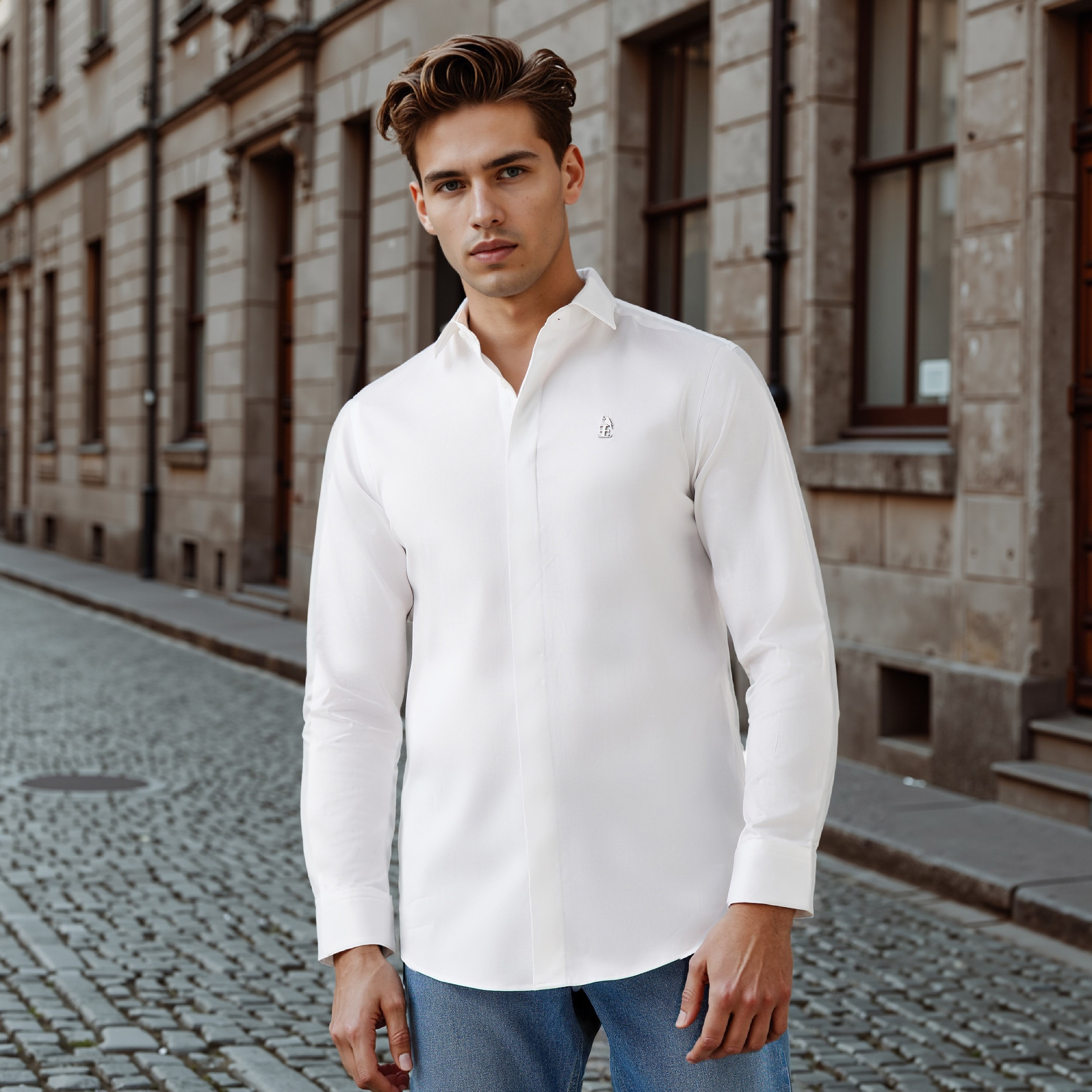 قميص بقصّة عادية وأكمام طويلة وتفاصيل الشعار من إمبيرور-men-clothing-shirts-image-11